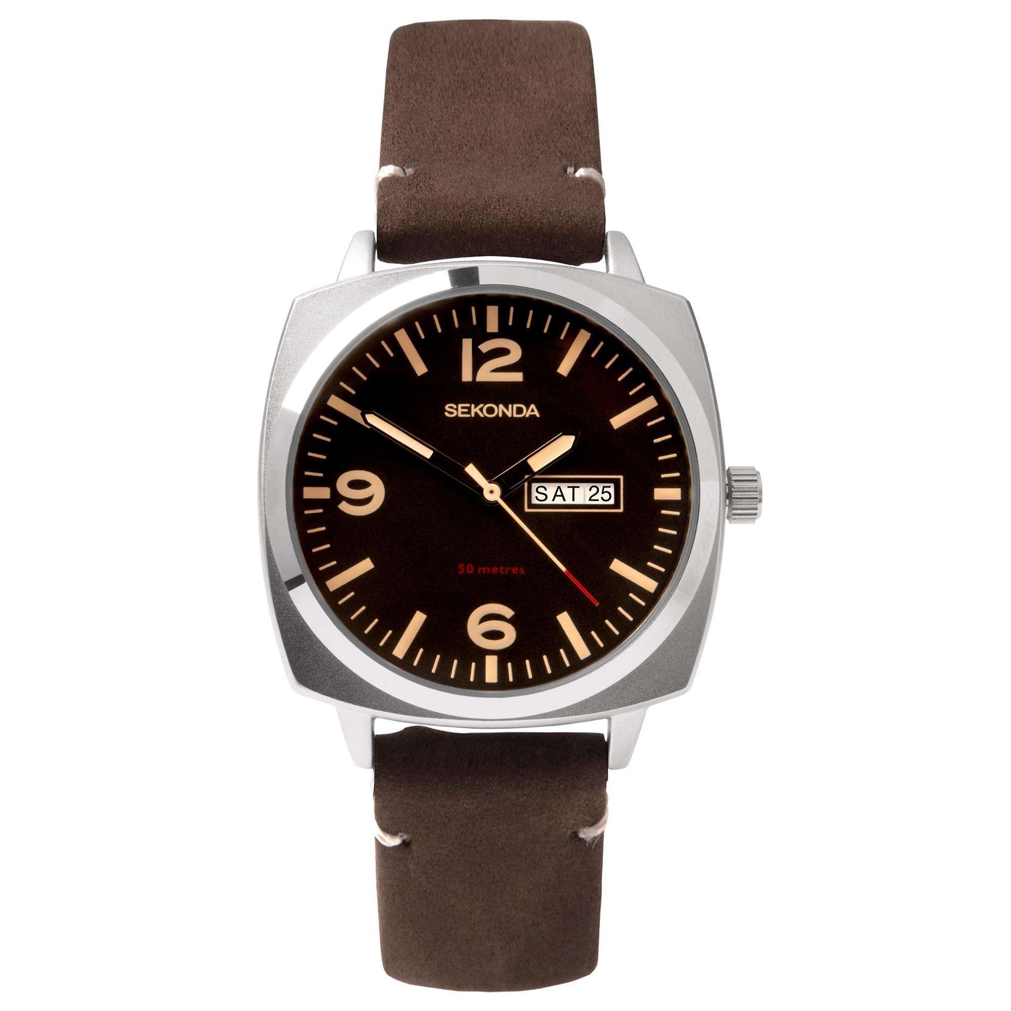 Sekonda Airborne Quartz Black Dial Brown Strap Men's Watch 1988