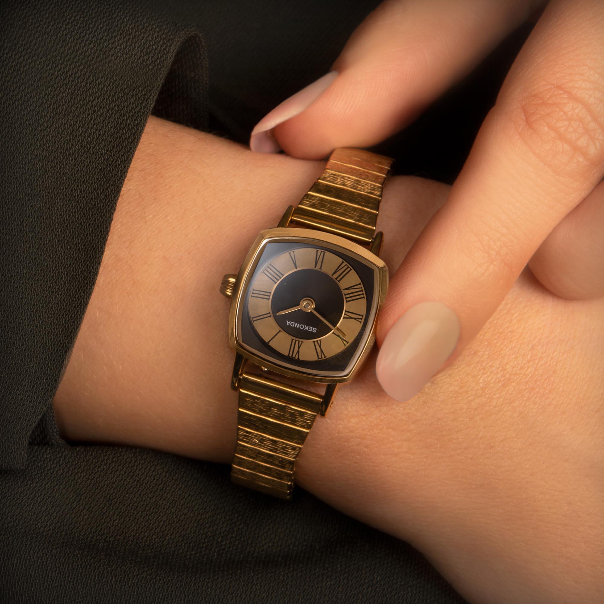 Sekonda Heritage Quartz Black Dial Gold PVD Stainless Steel Bracelet Ladies Watch 40379
