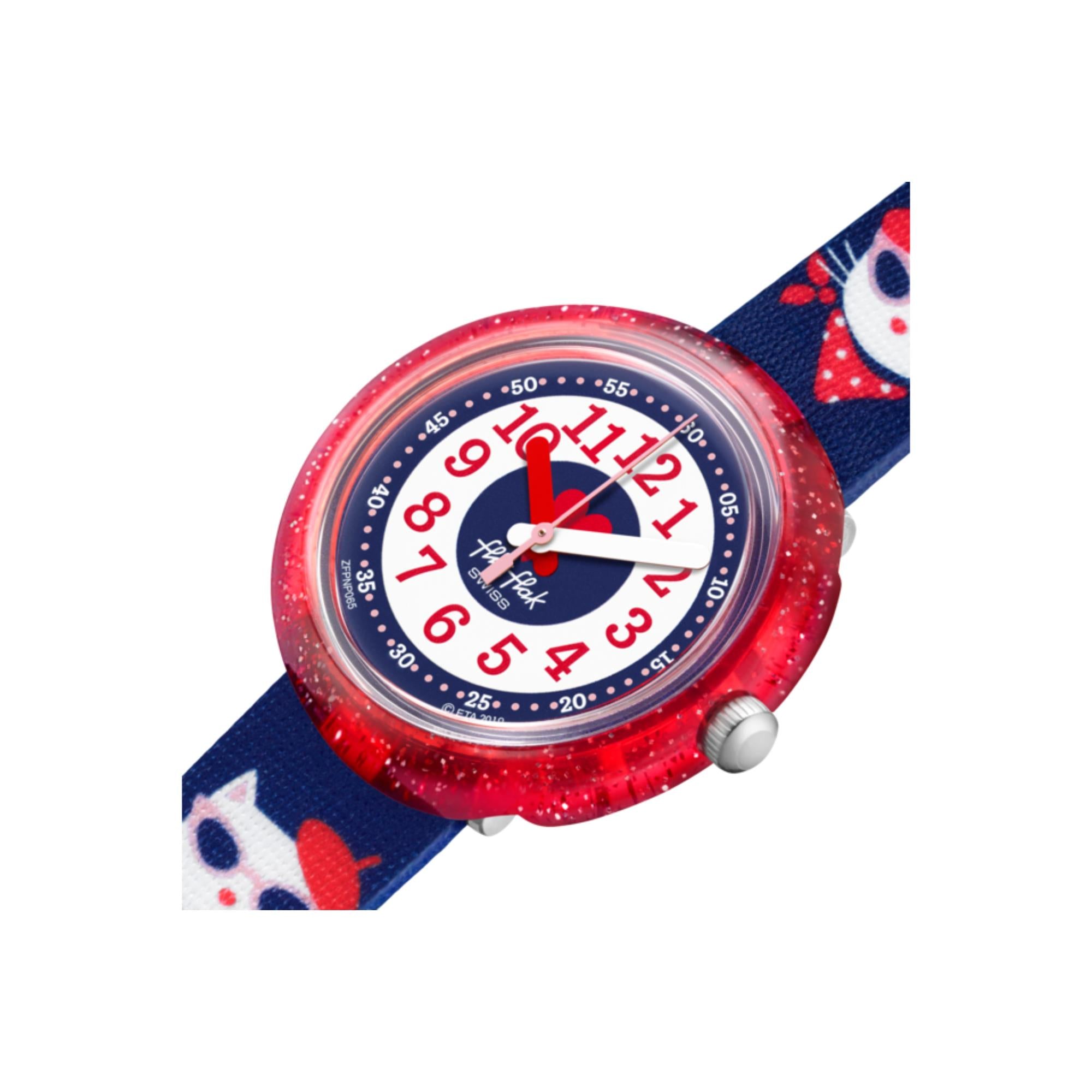 Flik Flak City of Life Catitude Quartz Movement Blue Dial Textile Bracelet Kids Watch FPNP065