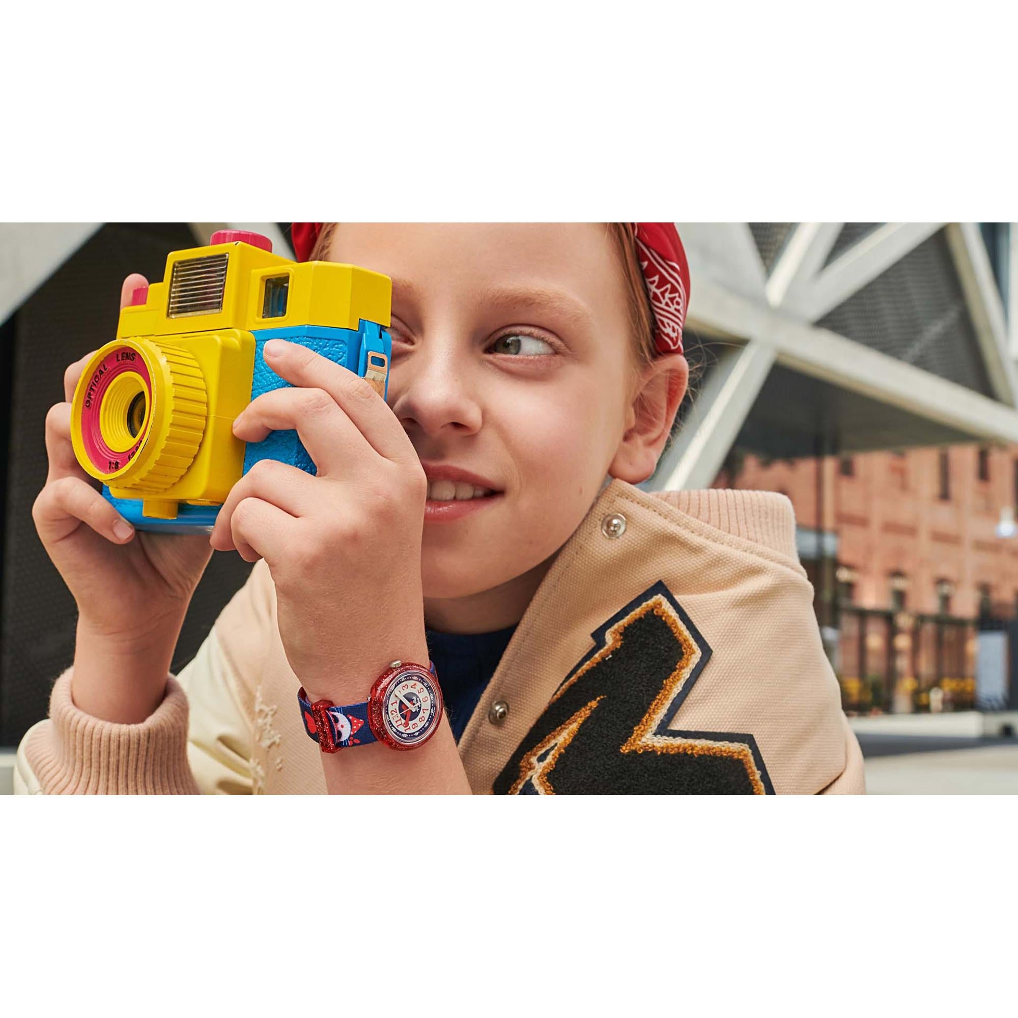 Flik Flak City of Life Catitude Quartz Movement Blue Dial Textile Bracelet Kids Watch FPNP065