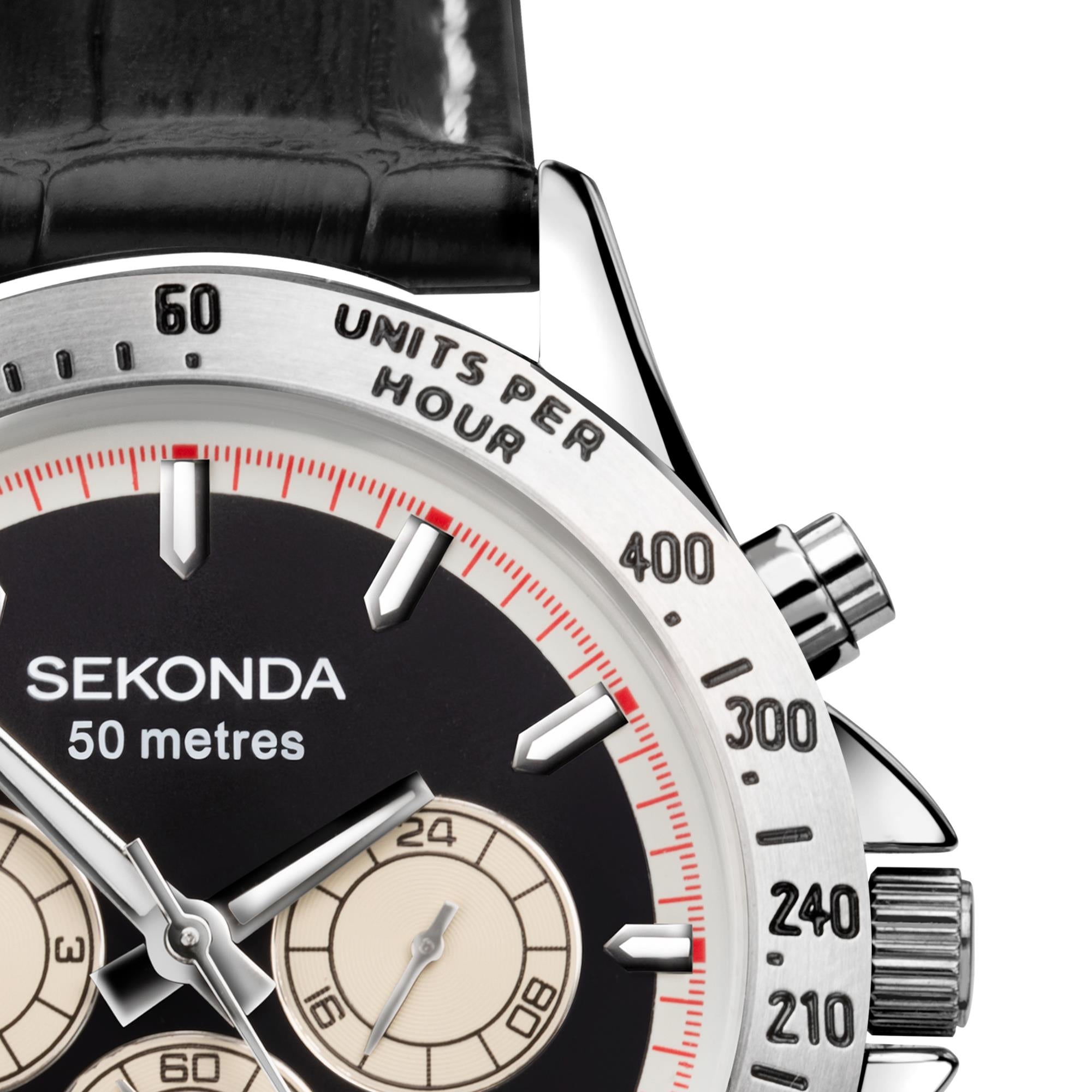 Sekonda Chronograph Quartz Black Dial Black Leather Strap Men's Watch 1721