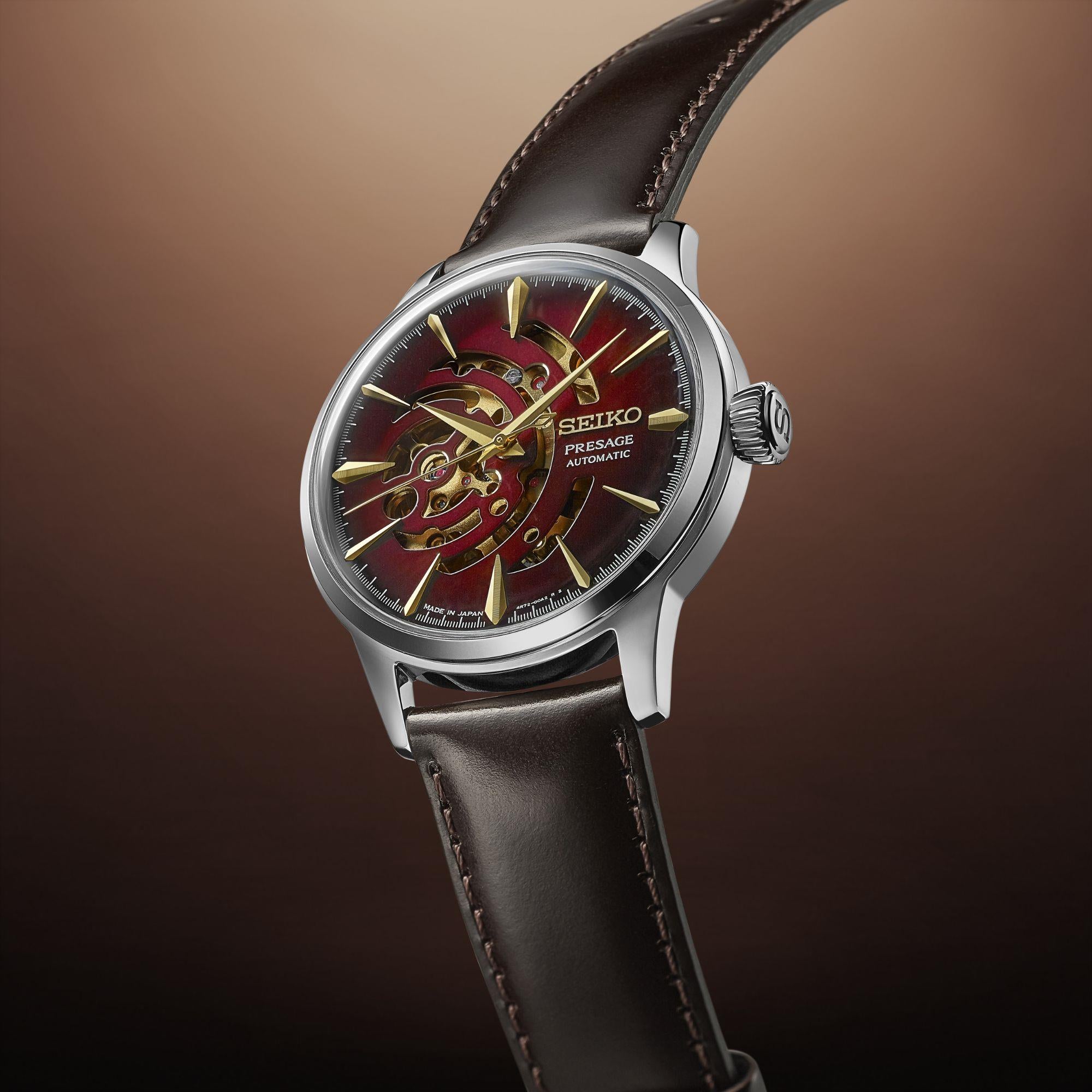 Seiko Presage Cocktail Time Star Bar 'Red Brick' Automatic Red Dial Black Leather Strap Limited Edition Men’s Watch SSA457J1