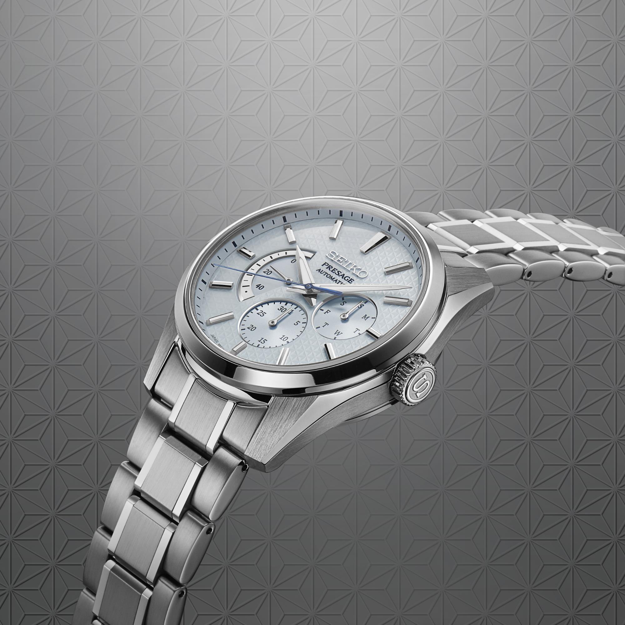 Seiko Presage Sharp Edged Geppaku Moonlight Automatic Blue Dial Stainless Steel Bracelet Men's Watch SPB305J1