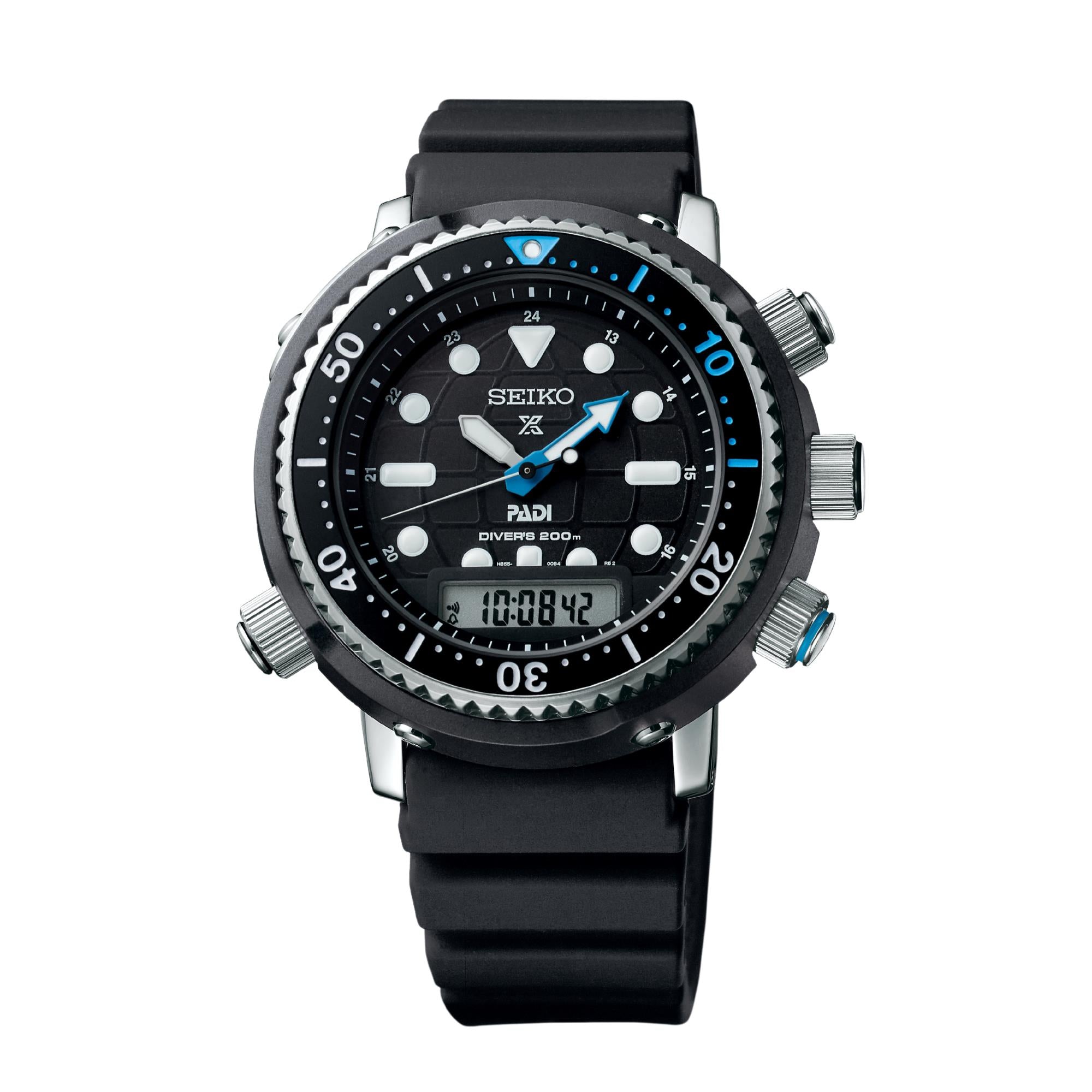 Seiko Prospex Solar ‘Arnie’ Hybrid PADI Diver’s 40th Anniversary Solar Quartz Black Dial Black PVD Stainless Steel Bracelet SNJ035P1F
