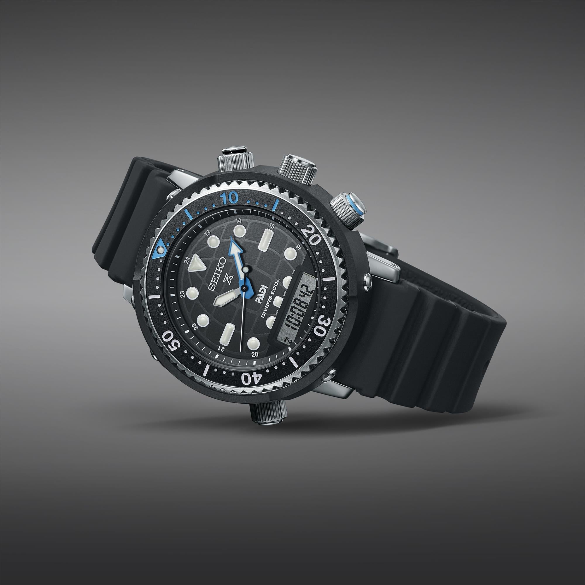 Seiko Prospex Solar ‘Arnie’ Hybrid PADI Diver’s 40th Anniversary Solar Quartz Black Dial Black PVD Stainless Steel Bracelet SNJ035P1F