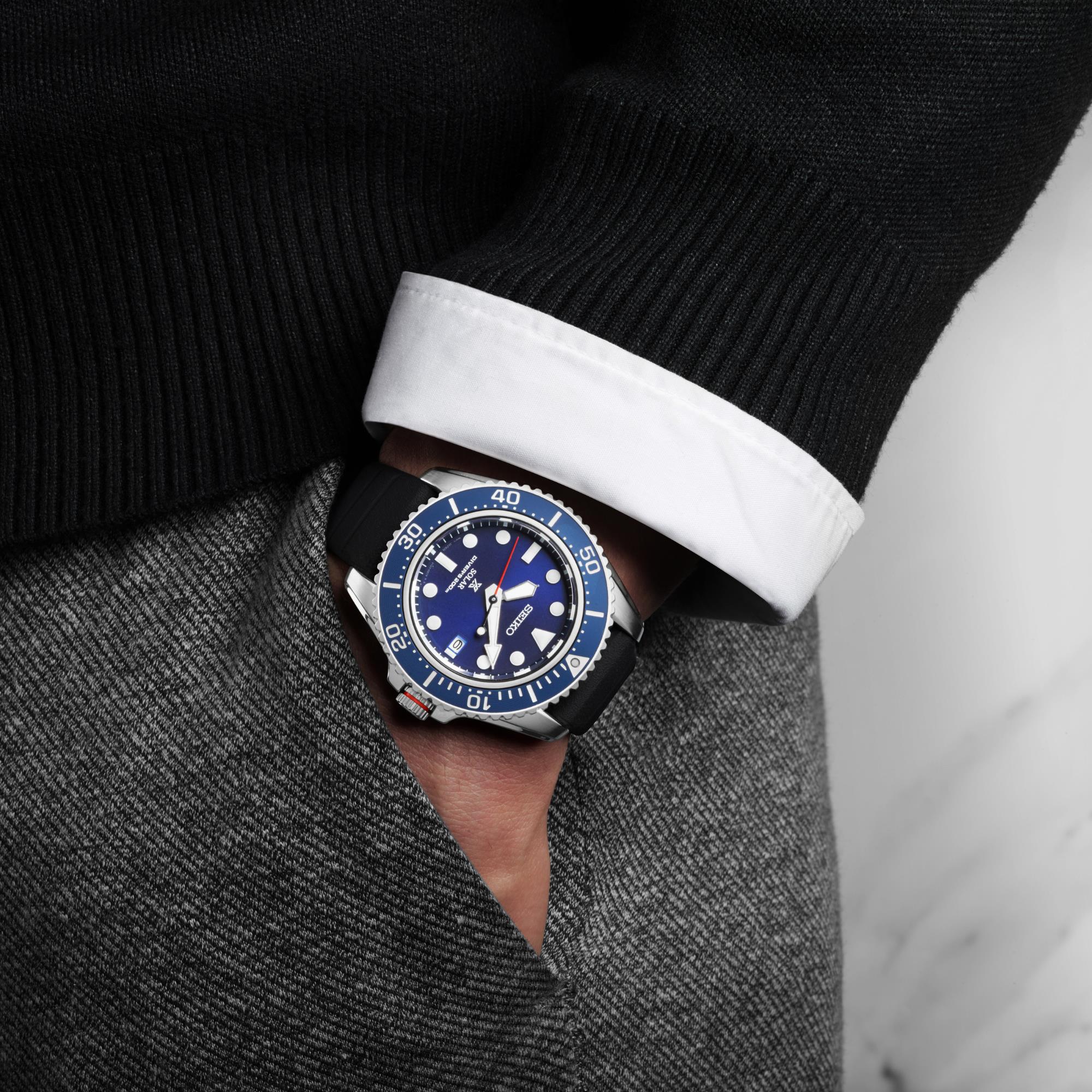 Seiko Prospex Compact Solar Diver Blue Dial Rubber Strap Men's Watch SNE593P1