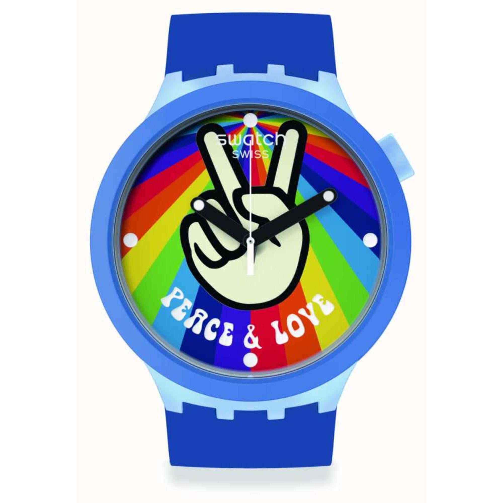Swatch Big Bold Bioceramic Peace Hand Love Quartz White Dial Blue Silicone Strap Unisex Watch SB03N105