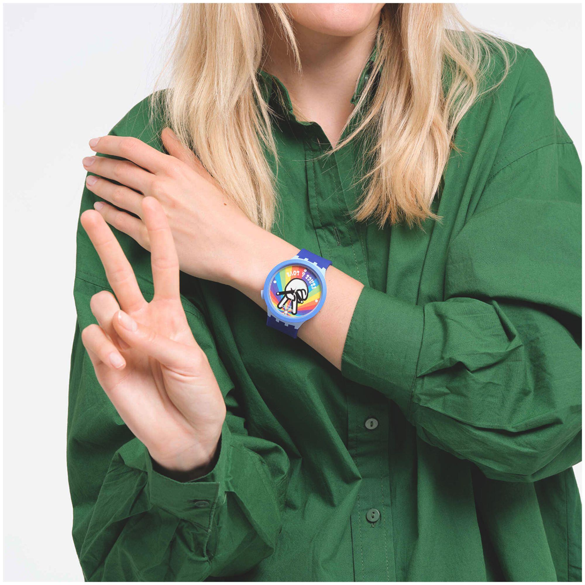 Swatch Big Bold Bioceramic Peace Hand Love Quartz White Dial Blue Silicone Strap Unisex Watch SB03N105
