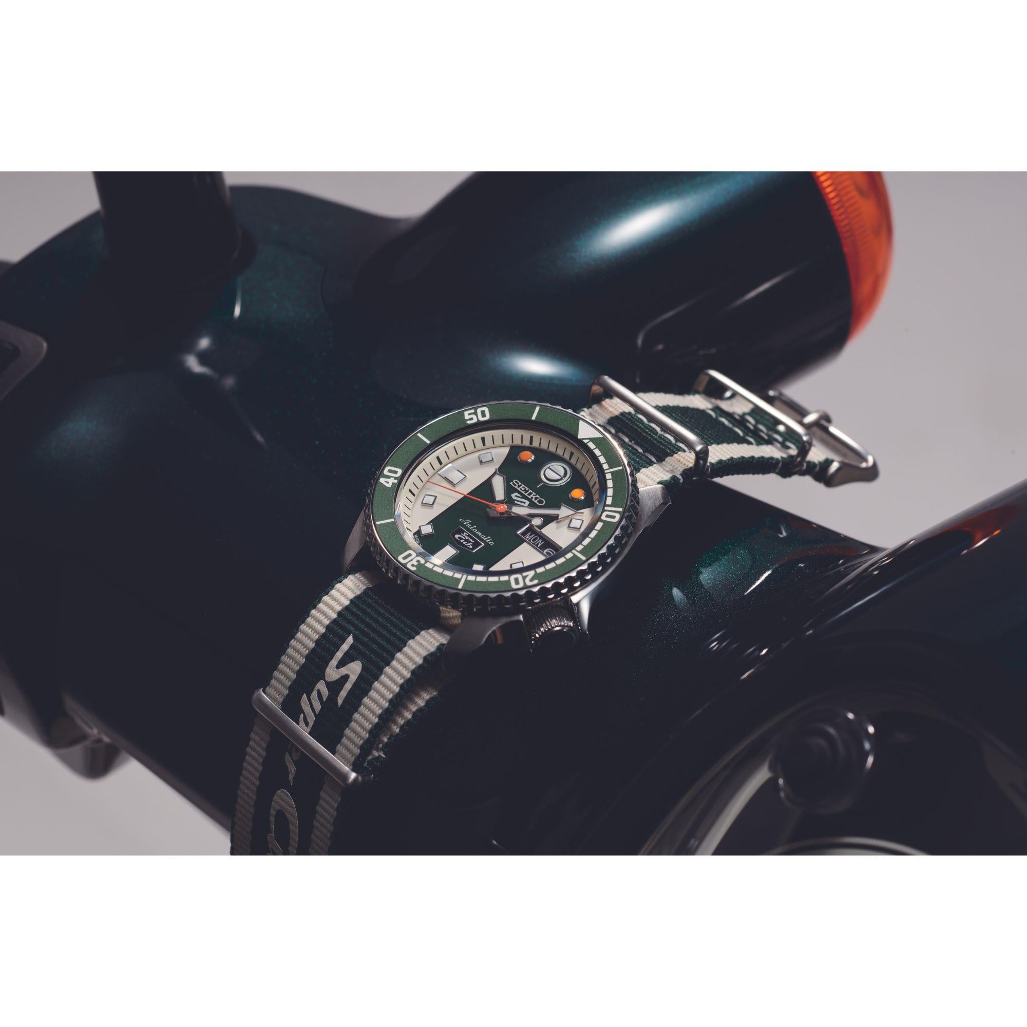 Seiko 5 Sports Honda Super Cub Automatic Multicoloured Dial Fabric NATO Strap Men's Watch SRPJ49K1
