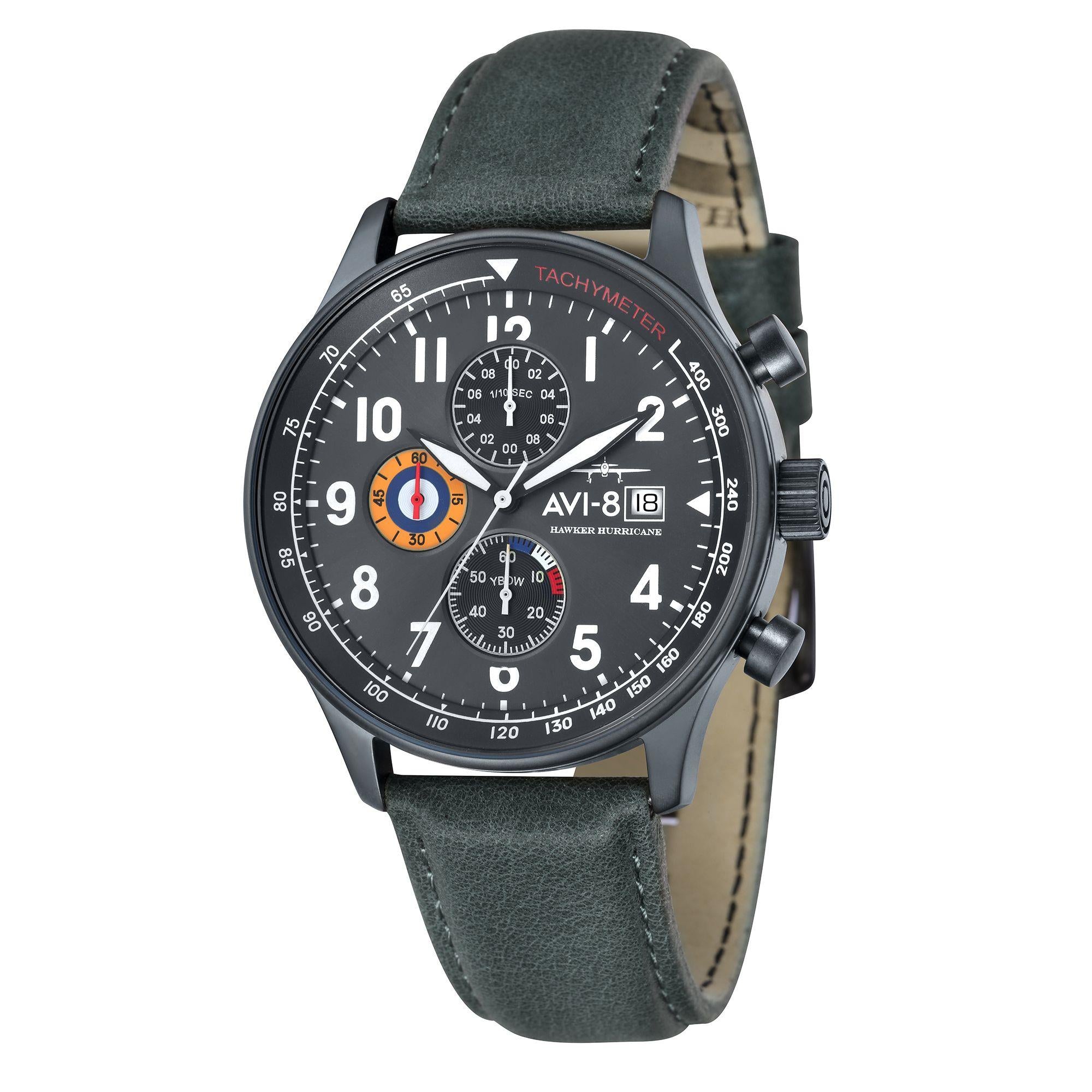The AVI-8 Hawker Hurricane Classic Chronograph Black Dial Green Leather Strap Mens Watch AV-4011-0D