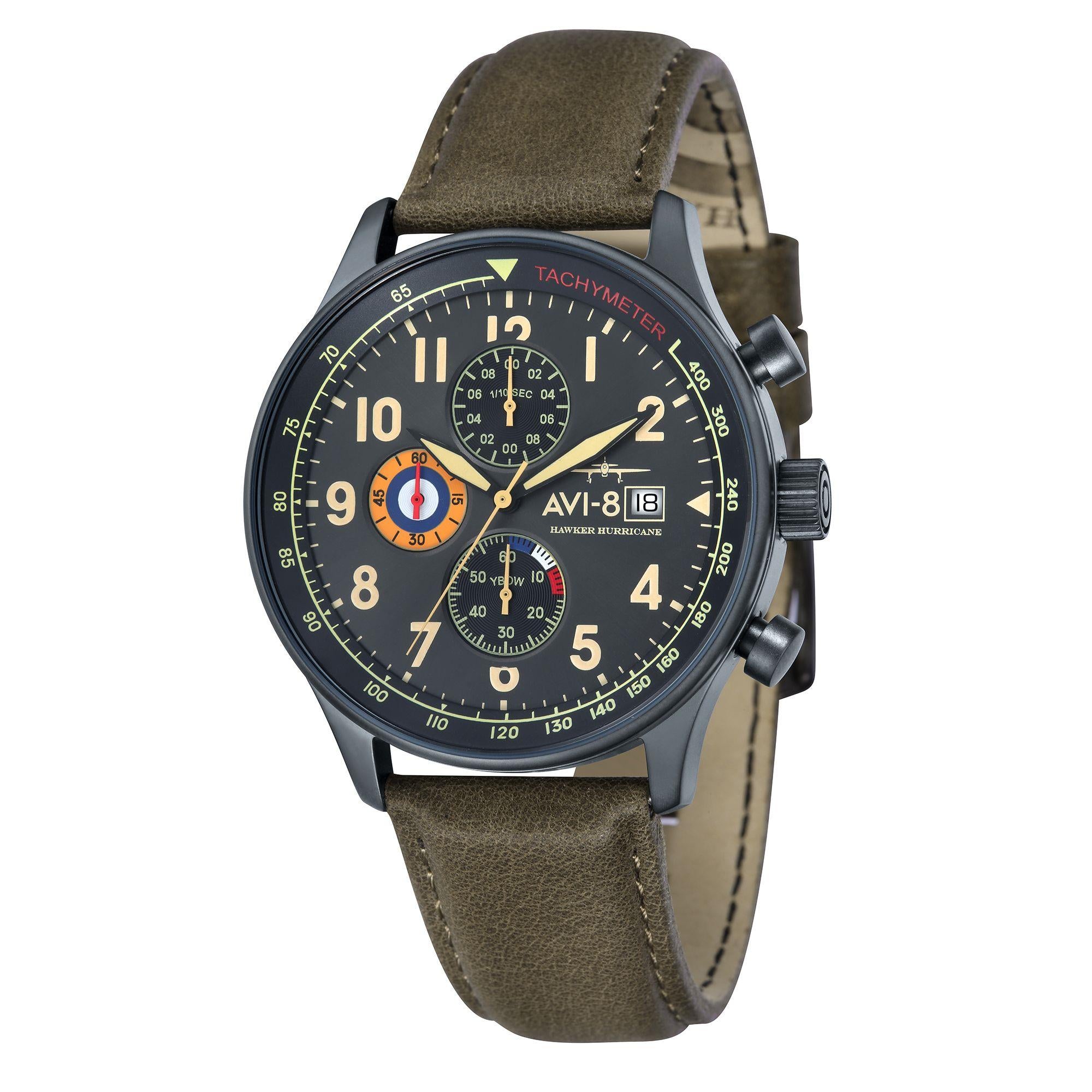 The AVI-8 Hawker Hurricane Classic Chronograph Black Dial Green Leather Strap Mens Watch AV-4011-0E