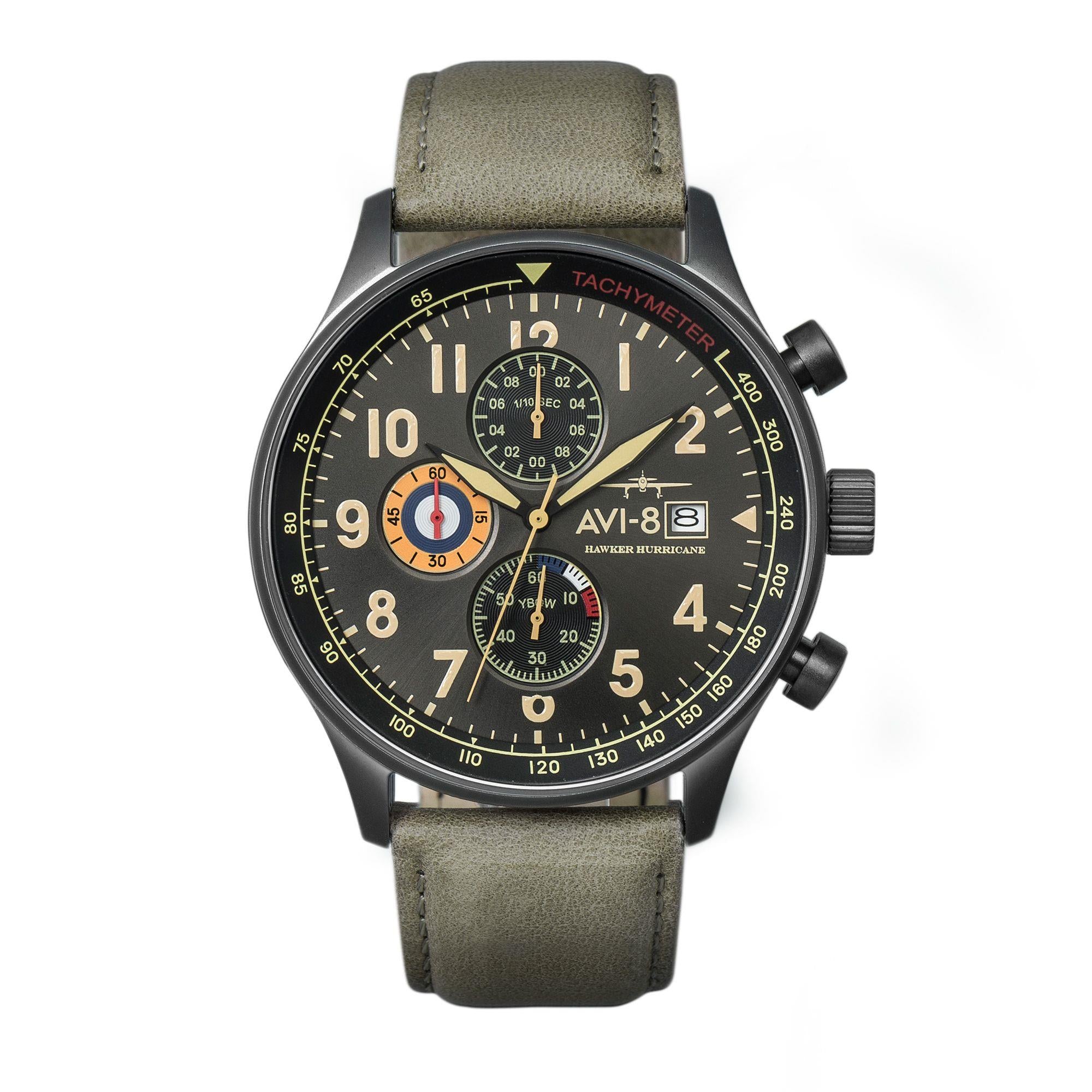 The AVI-8 Hawker Hurricane Classic Chronograph Black Dial Green Leather Strap Mens Watch AV-4011-0E
