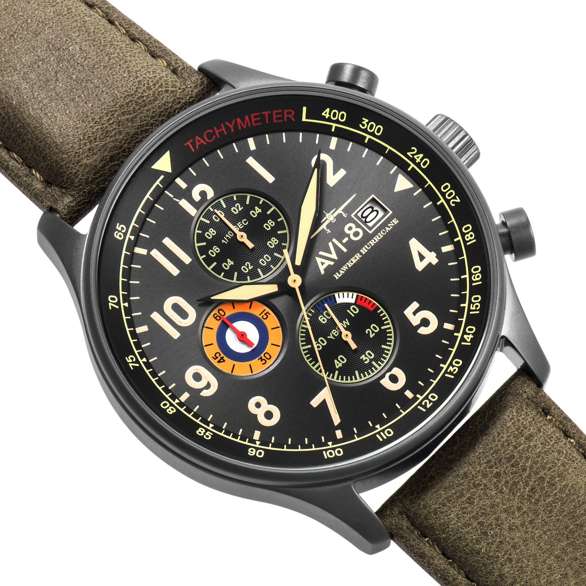 The AVI-8 Hawker Hurricane Classic Chronograph Black Dial Green Leather Strap Mens Watch AV-4011-0E