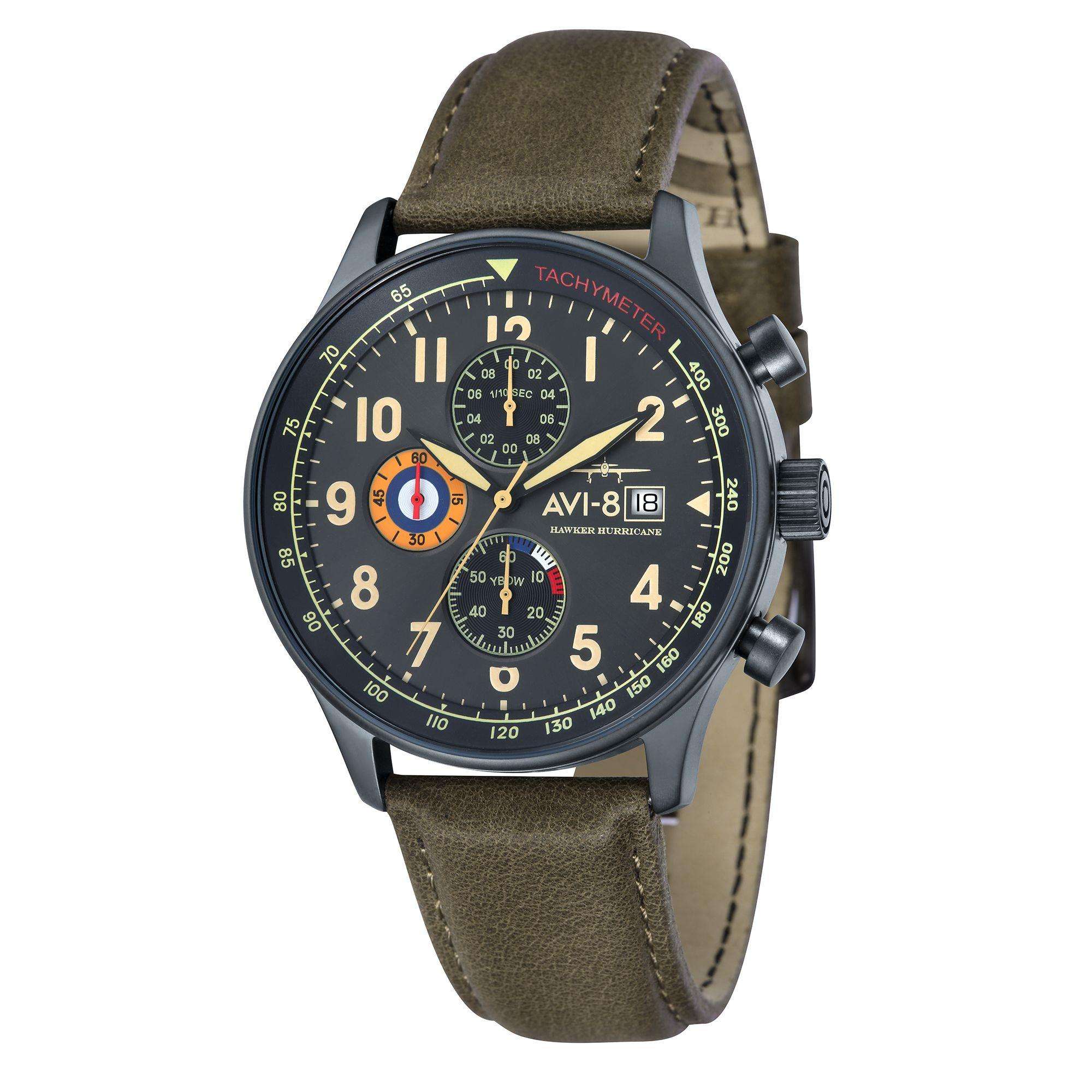 The AVI-8 Hawker Hurricane Classic Chronograph Black Dial Green Leather Strap Mens Watch AV-4011-0E