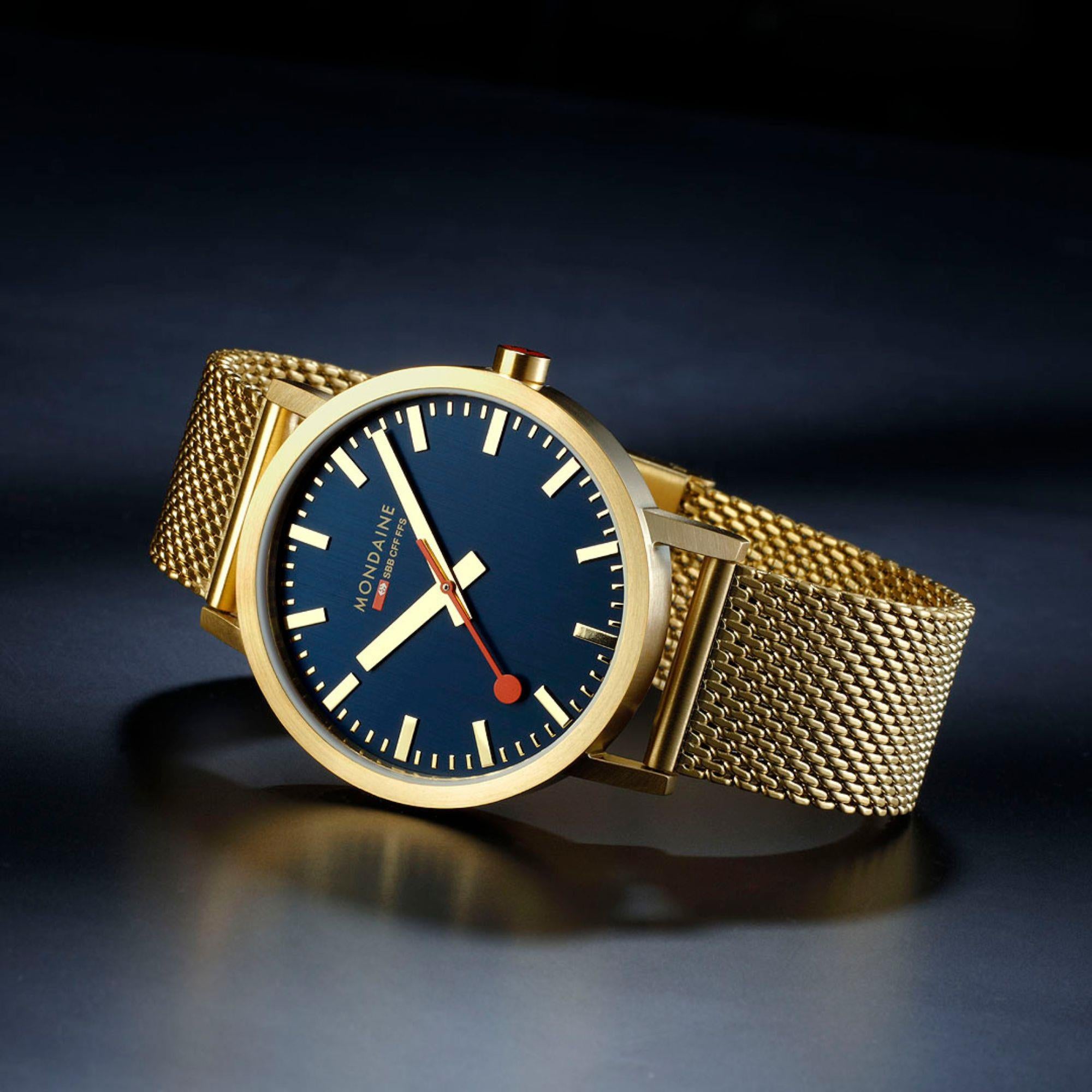Mondaine Classic Deep Ocean Blue IP Gold Mesh Strap Blue Dial Unisex Watch A660.30360.40SBM