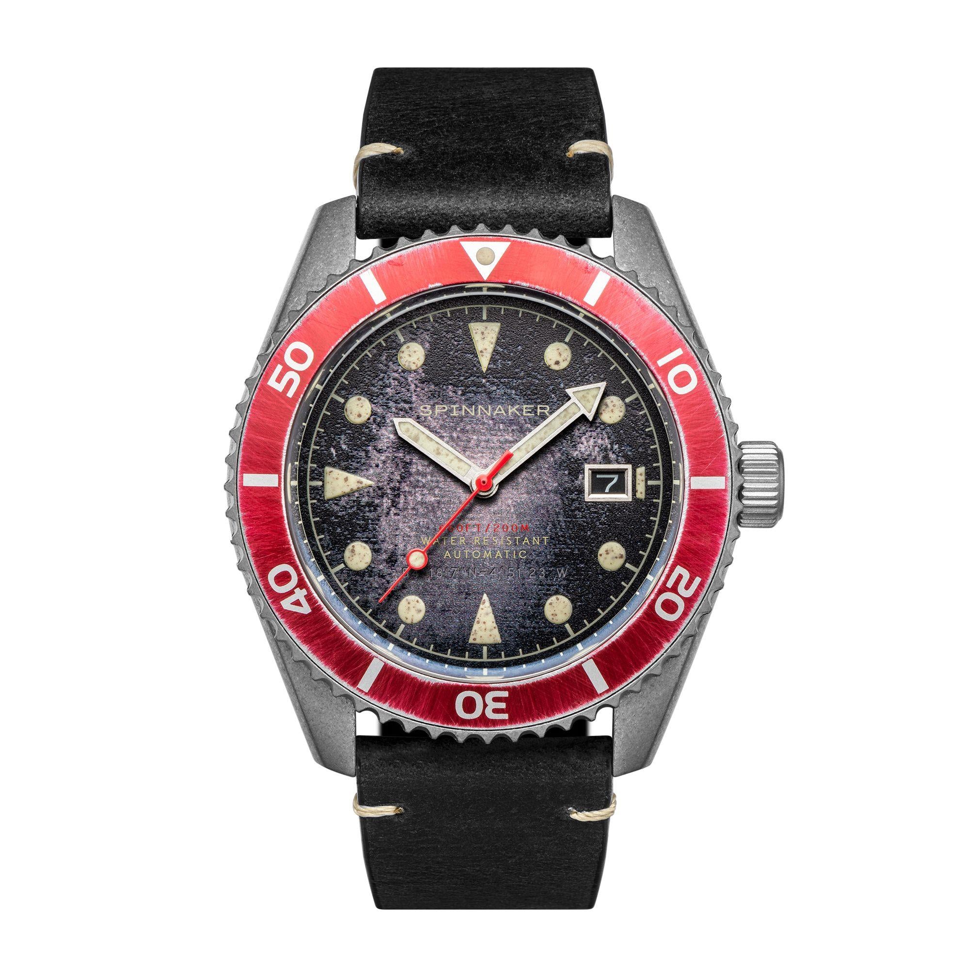 Spinnaker Wreck Distressed Black Dial Black Leather Strap Mens Watch SP-5089-01