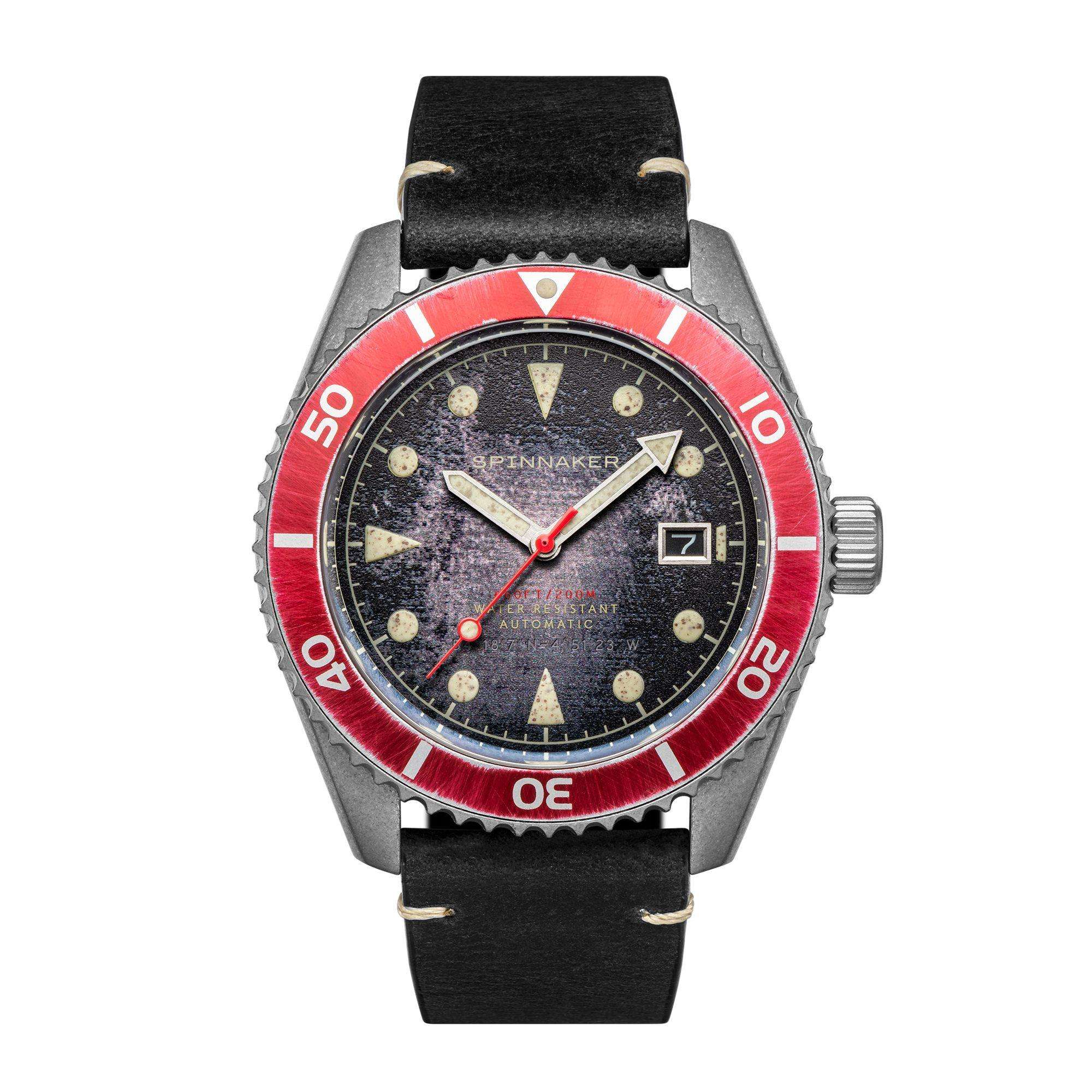 Spinnaker Wreck Distressed Black Dial Black Leather Strap Mens Watch SP-5089-01