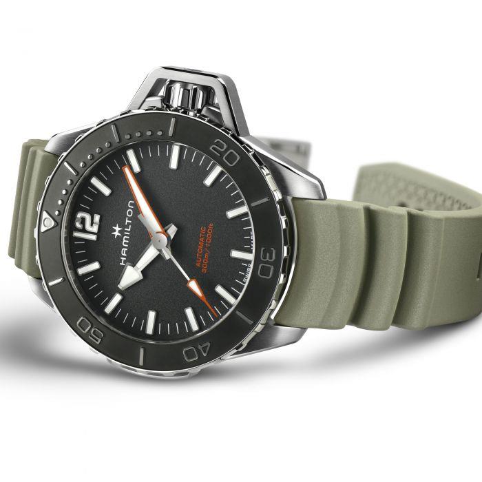 Hamilton Khaki Navy Frogman Automatic Black Dial Green Rubber Strap Men's Watch H77825331