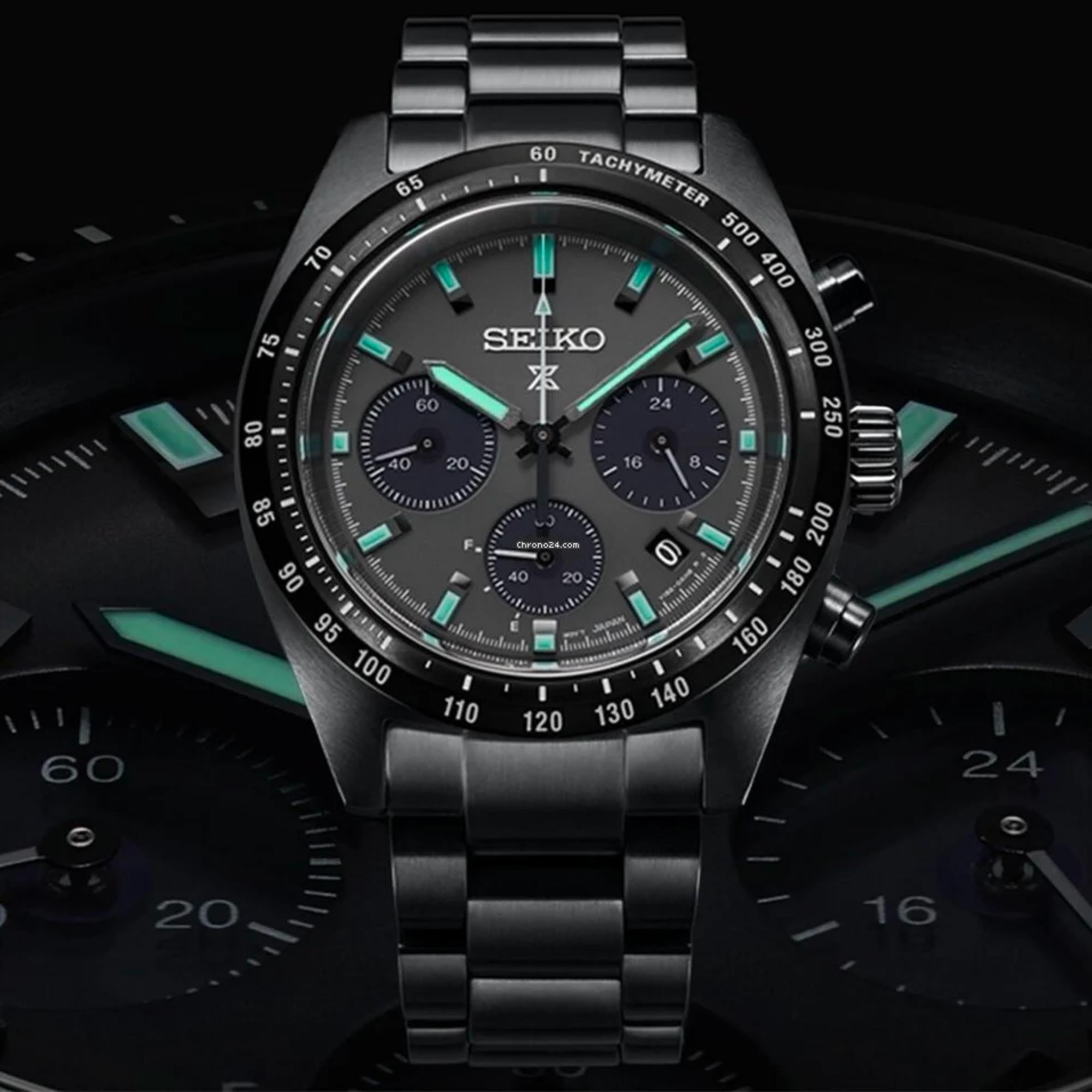Seiko Prospex 'Black Series' Speedtimer Solar Chronograph Black Dial Steel Bracelet Men's Watch SSC917P1