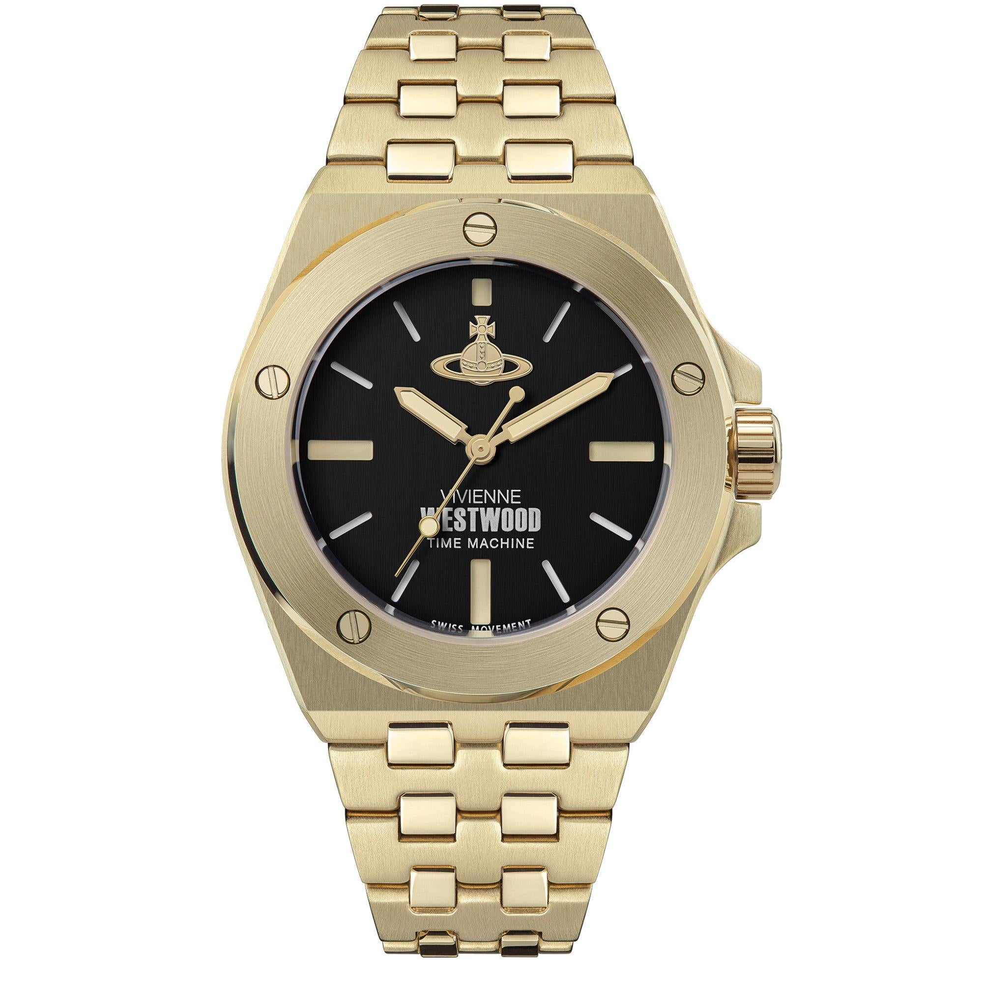 Vivienne Westwood ラペルピン ゴールド メンズ Vivienne Westwood Leamouth Black Dial Gold PVD Bracelet Unisex