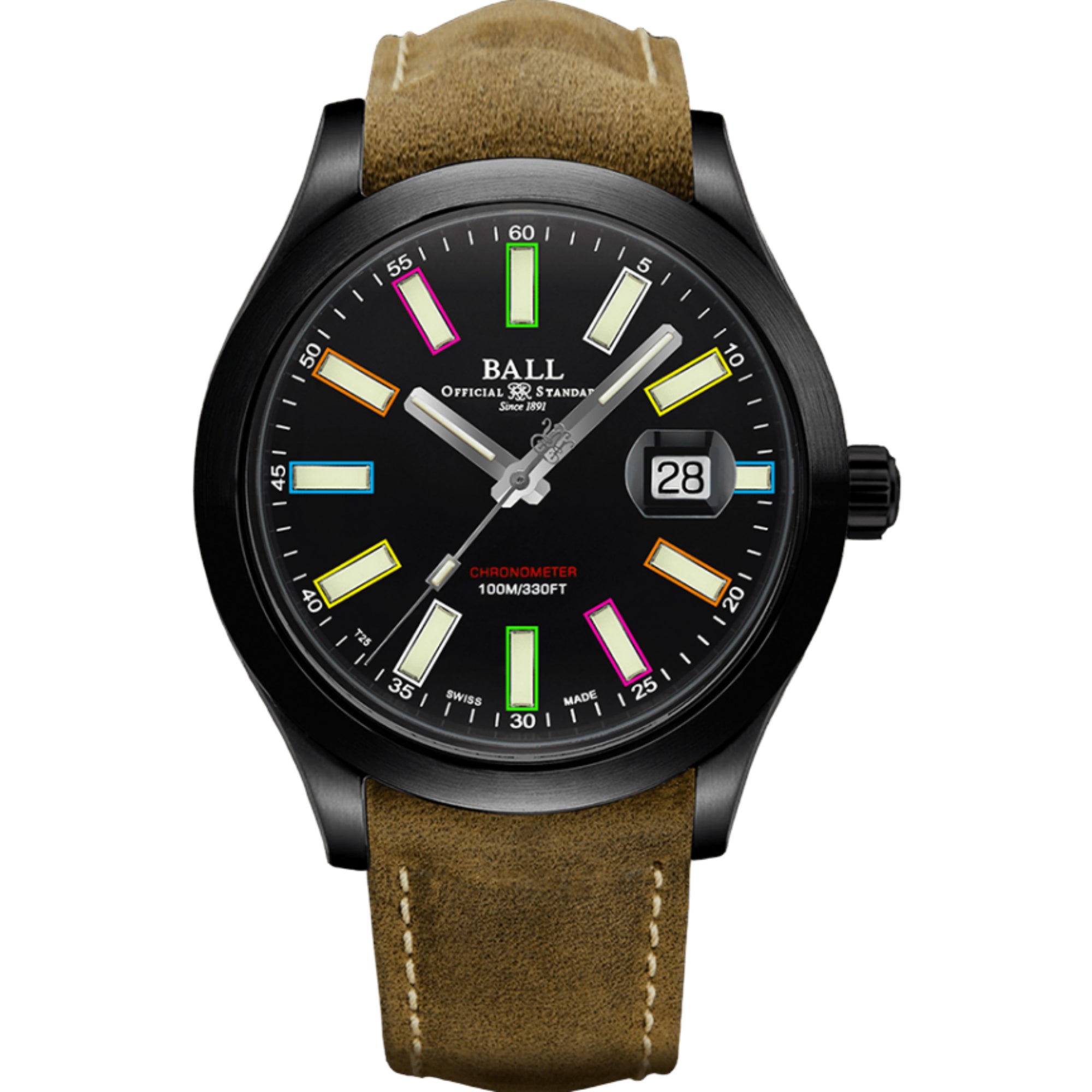 BALL Rainbow Automatic Black Dial Brown Leather Strap Men's Watch NM2028C-L28CJ-BK