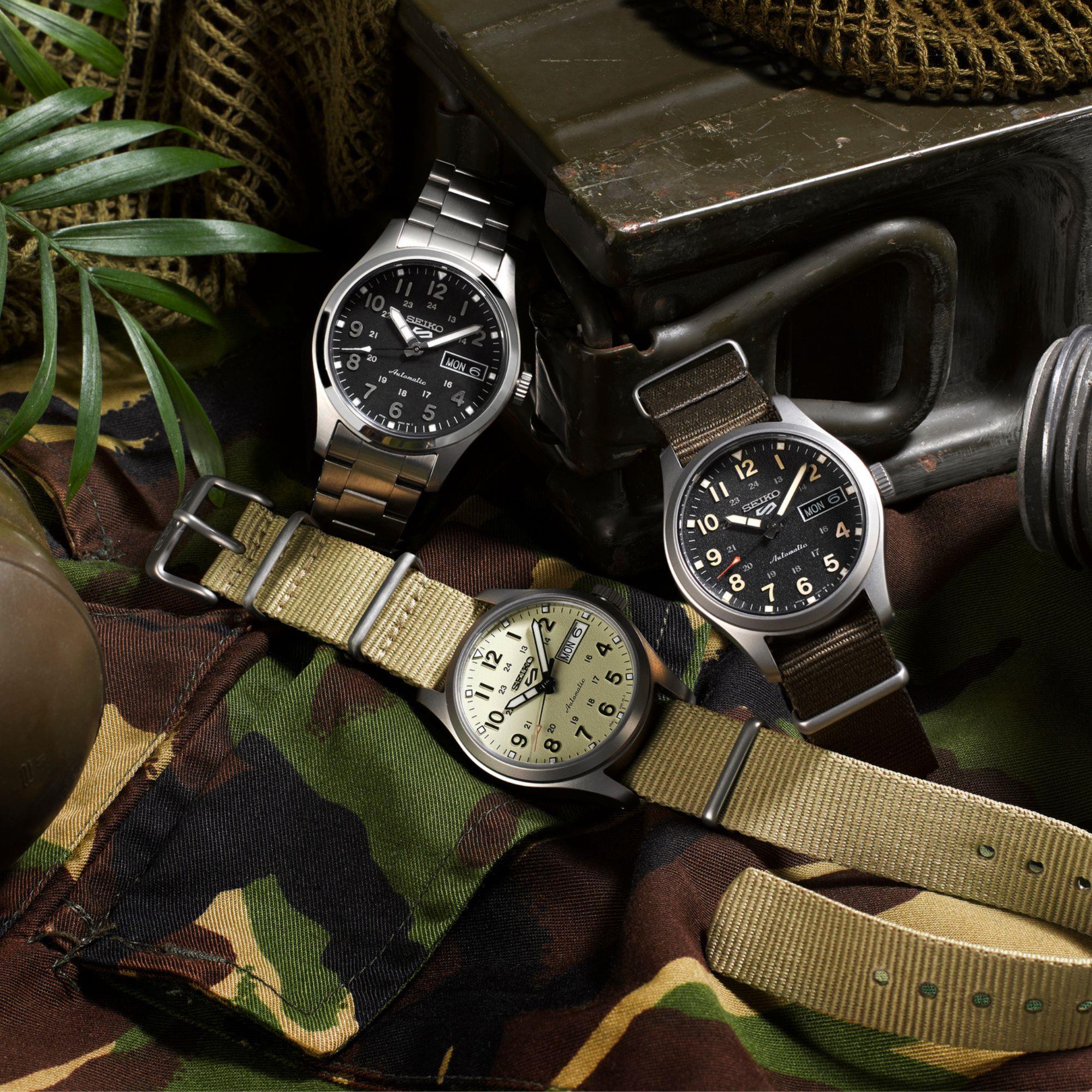 Seiko 5 Sports 'Green Zone' Midfield Automatic Black Dial Green NATO Strap Watch SRPJ85K1