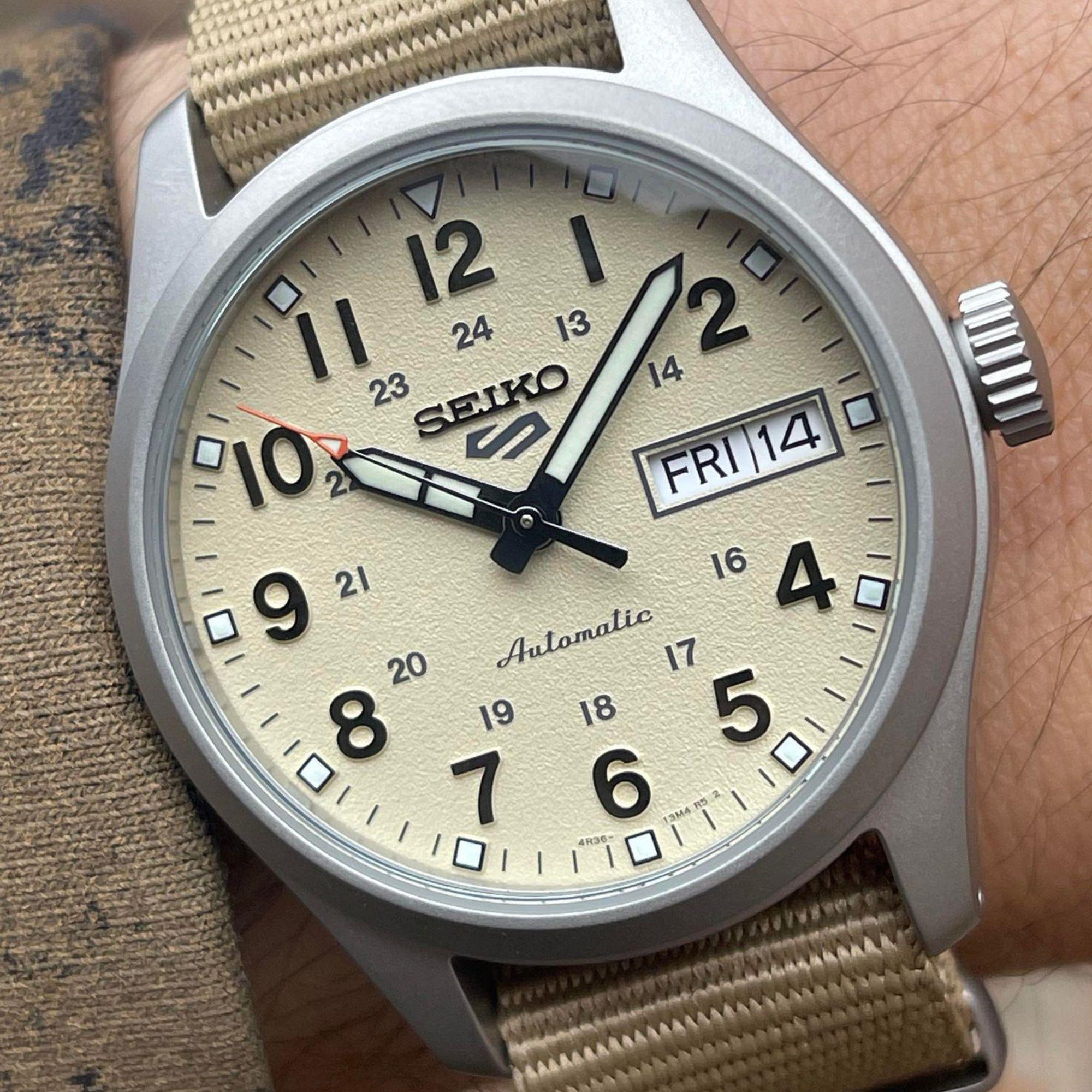 Seiko 5 Sports 'Desert Kit' Midfield Automatic Beige Dial Beige Nylon Strap Men's Watch SRPJ83K1