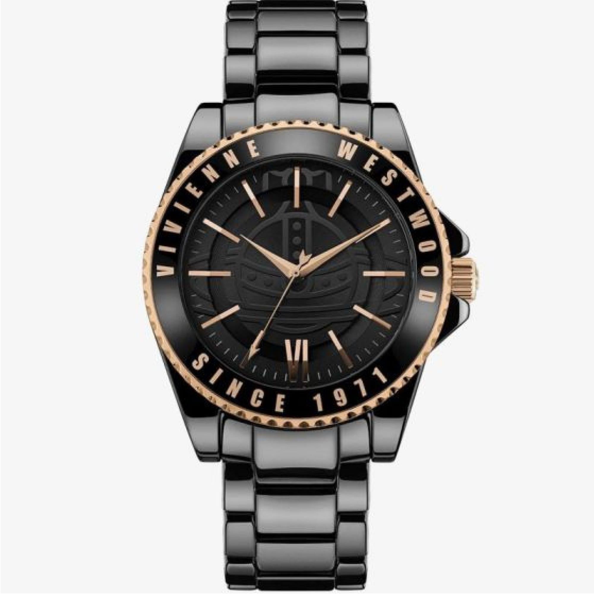 Vivienne Westwood Sloane Ladies Quartz Watch with Black Dial & Gloss Black Ceramic Bracelet VV048BKBK