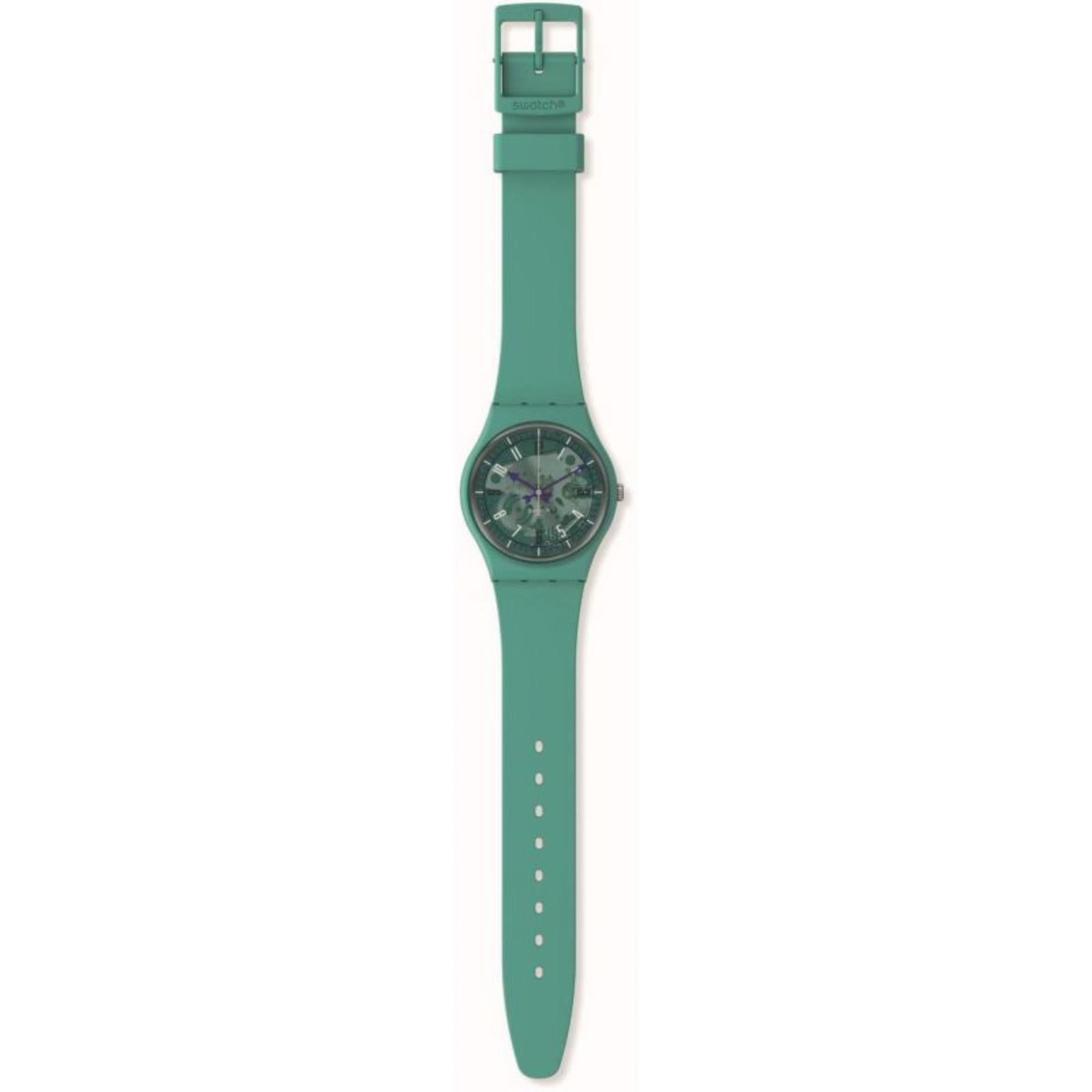 Swatch November Collection Photonic Turquoise Blue Skeleton Dial Silicone Strap Unisex Watch SO28G108