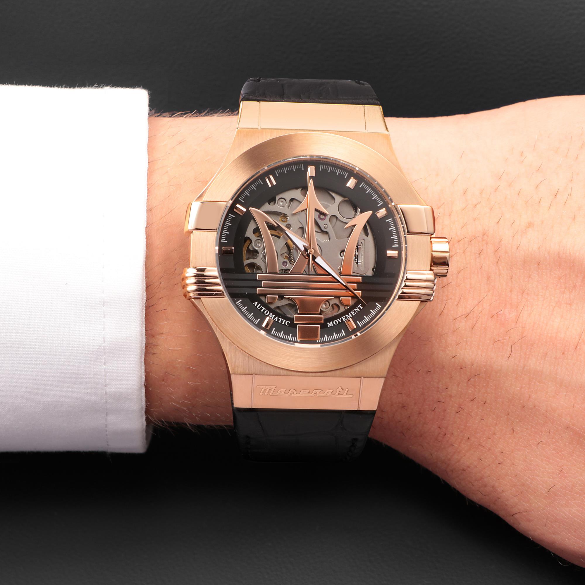 Maserati Potenza Quartz Skeleton Dial Black Leather Strap Men's Watch R8821108039