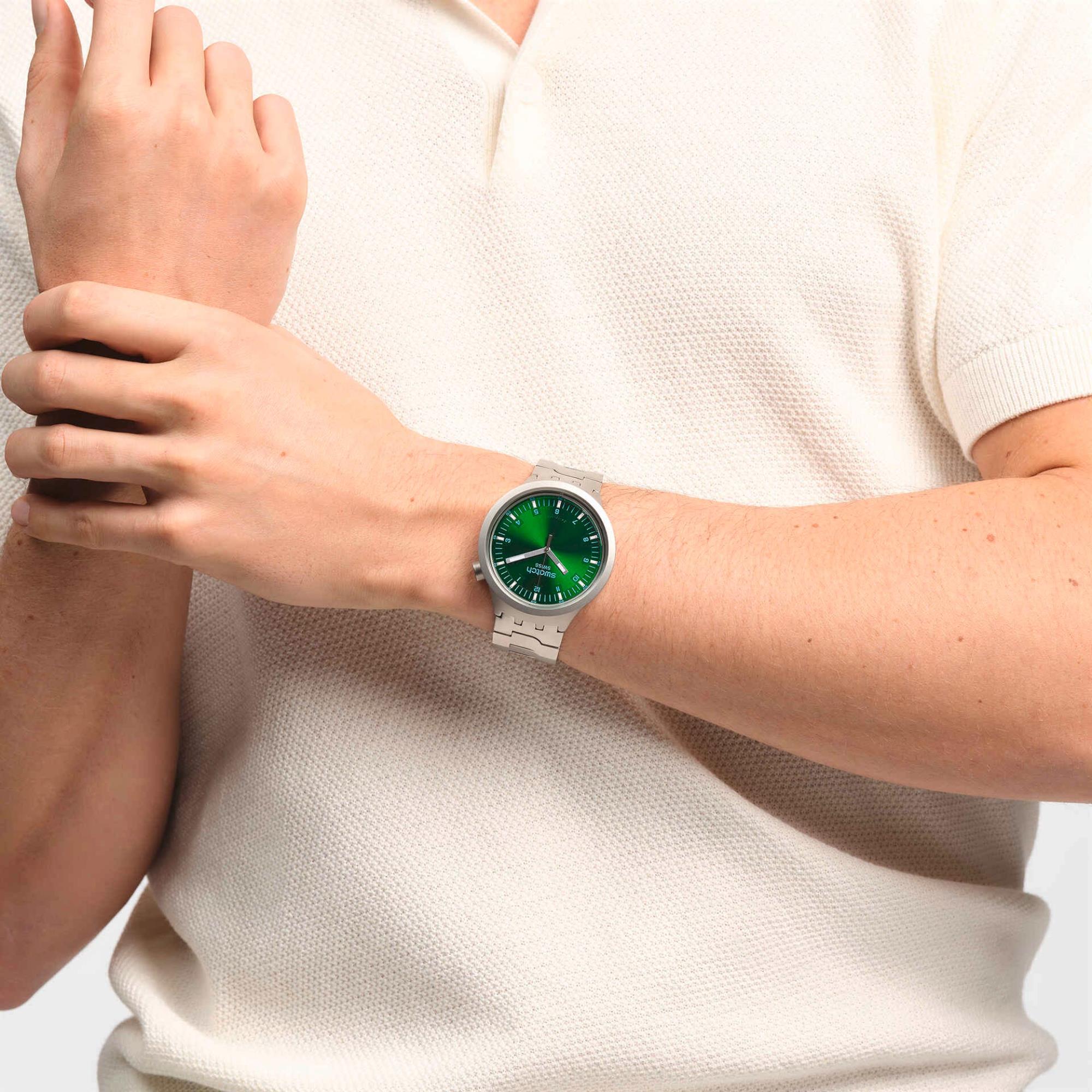 Swatch Big Bold Irony Forest Face Quartz Green Dial Stainless Steel Bracelet Unisex Watch SB07S101G