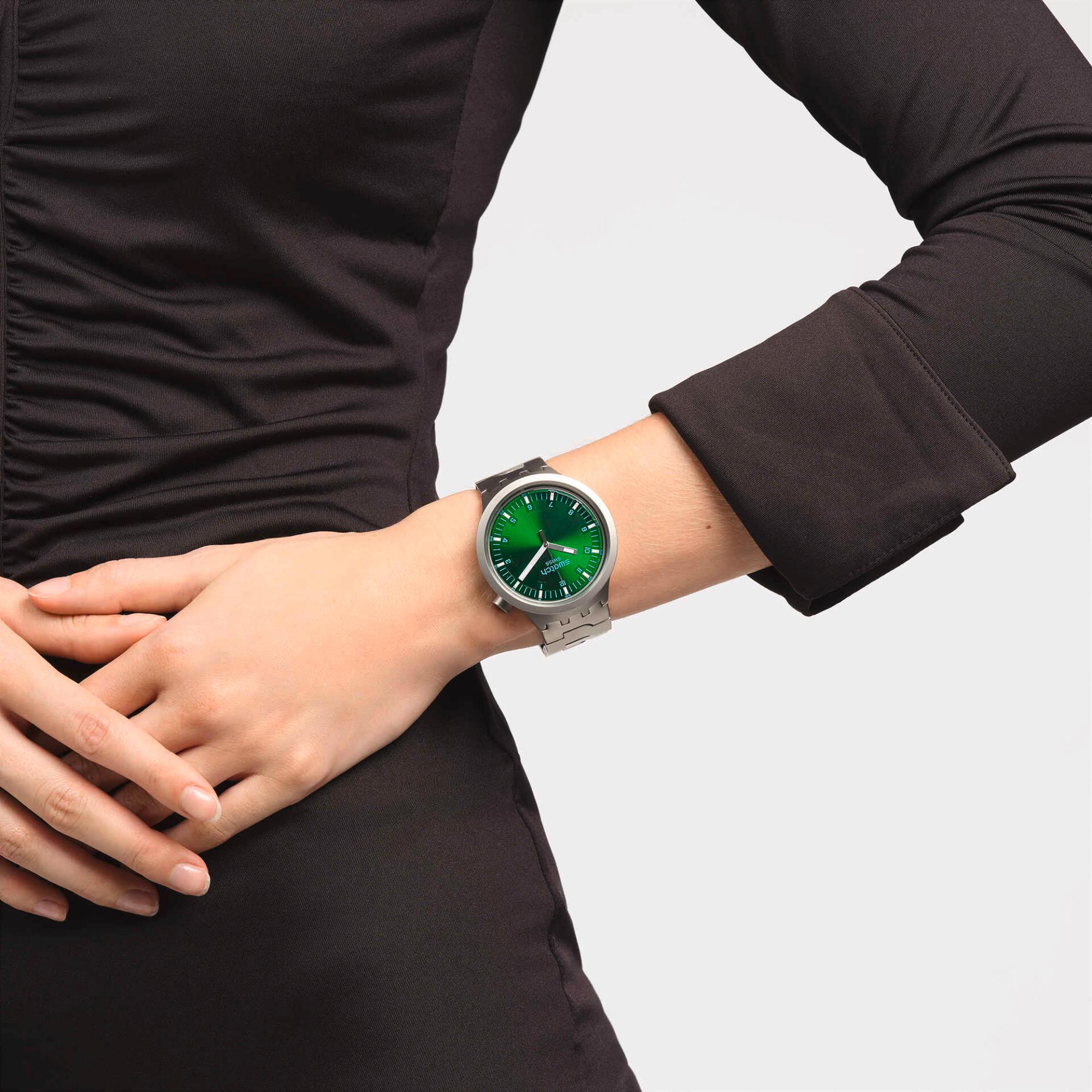 Swatch Big Bold Irony Forest Face Quartz Green Dial Stainless Steel Bracelet Unisex Watch SB07S101G