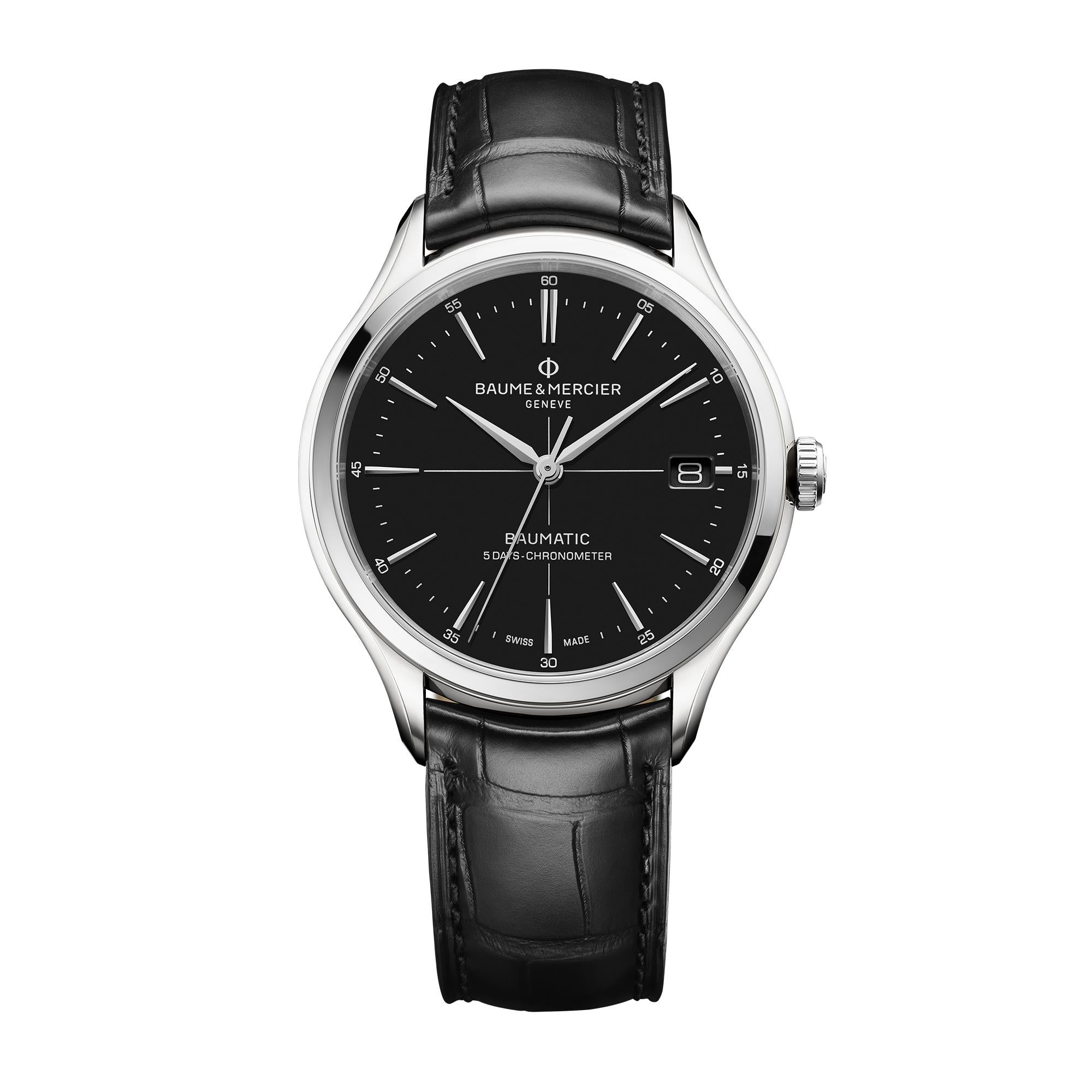 Baume & Mercier Clifton Baumatic Automatic Black Dial Black Leather Strap Men’s Watch BM0A10692