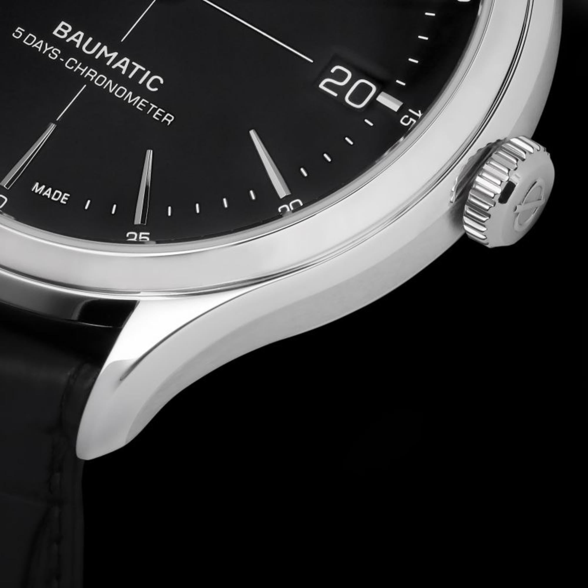 Baume & Mercier Clifton Baumatic Automatic Black Dial Black Leather Strap Men’s Watch BM0A10692
