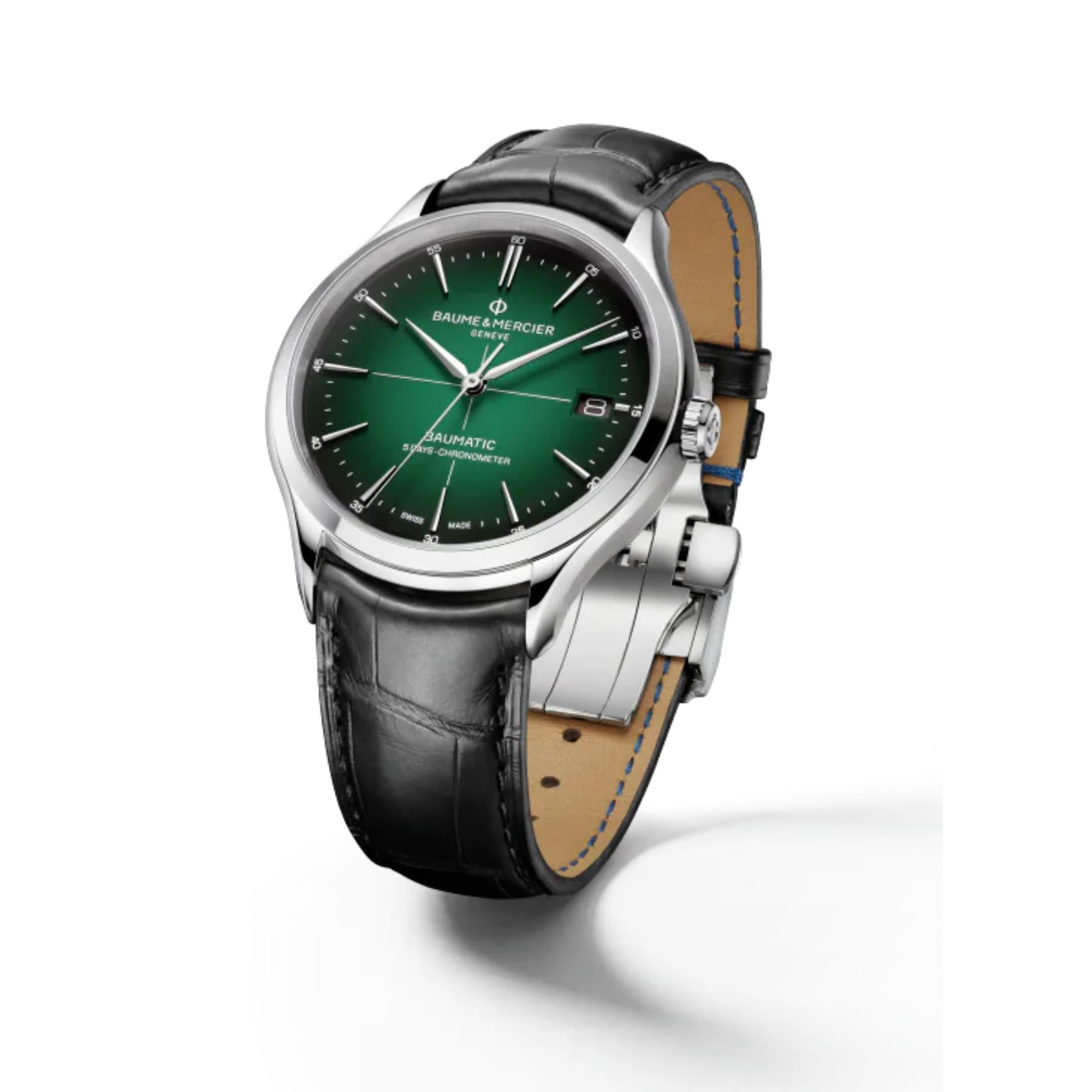 Baume & Mercier Clifton Baumatic Automatic Green Dial Black Leather Strap Men's Watch BM0A10592