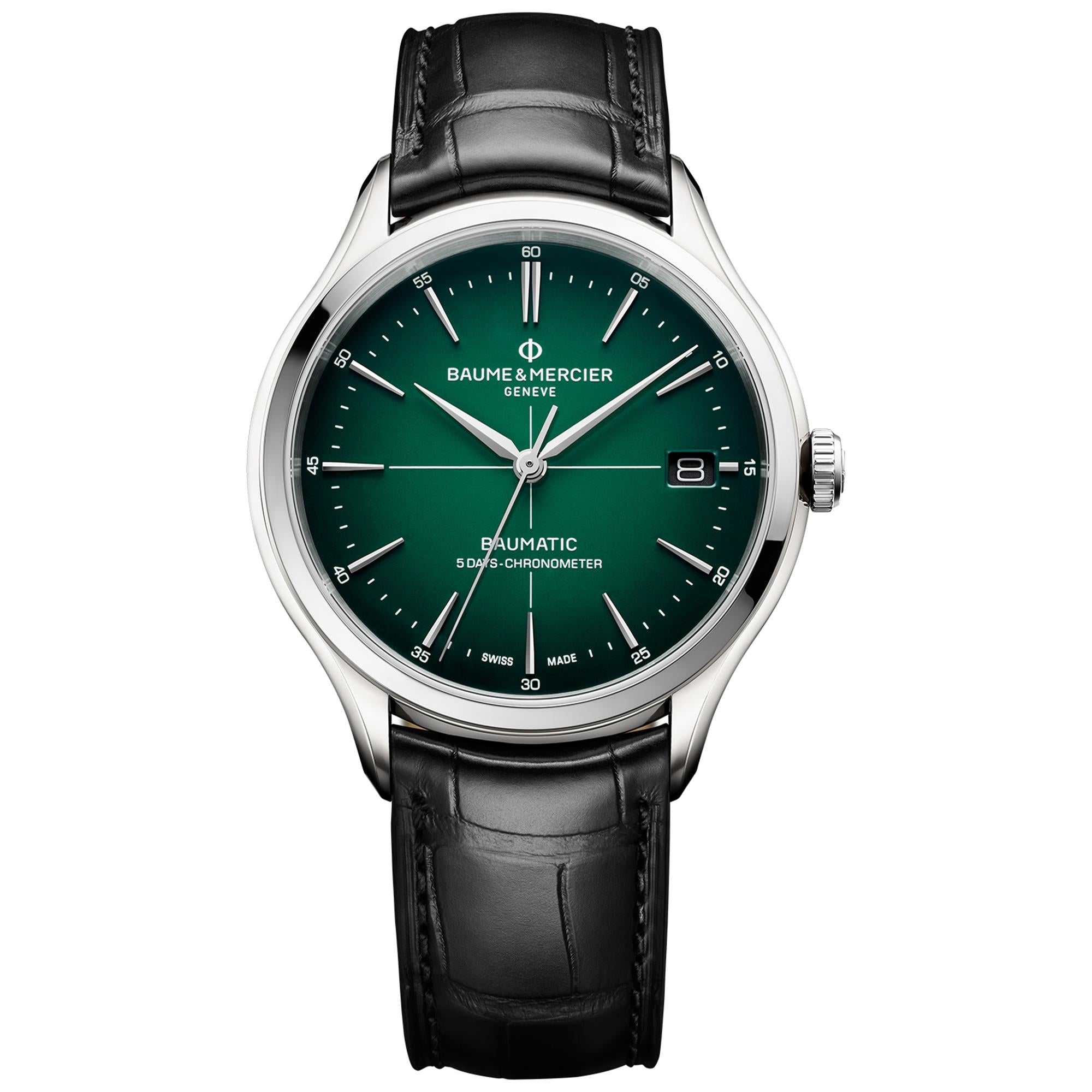Baume & Mercier Clifton Baumatic Automatic Green Dial Black Leather Strap Men's Watch BM0A10592