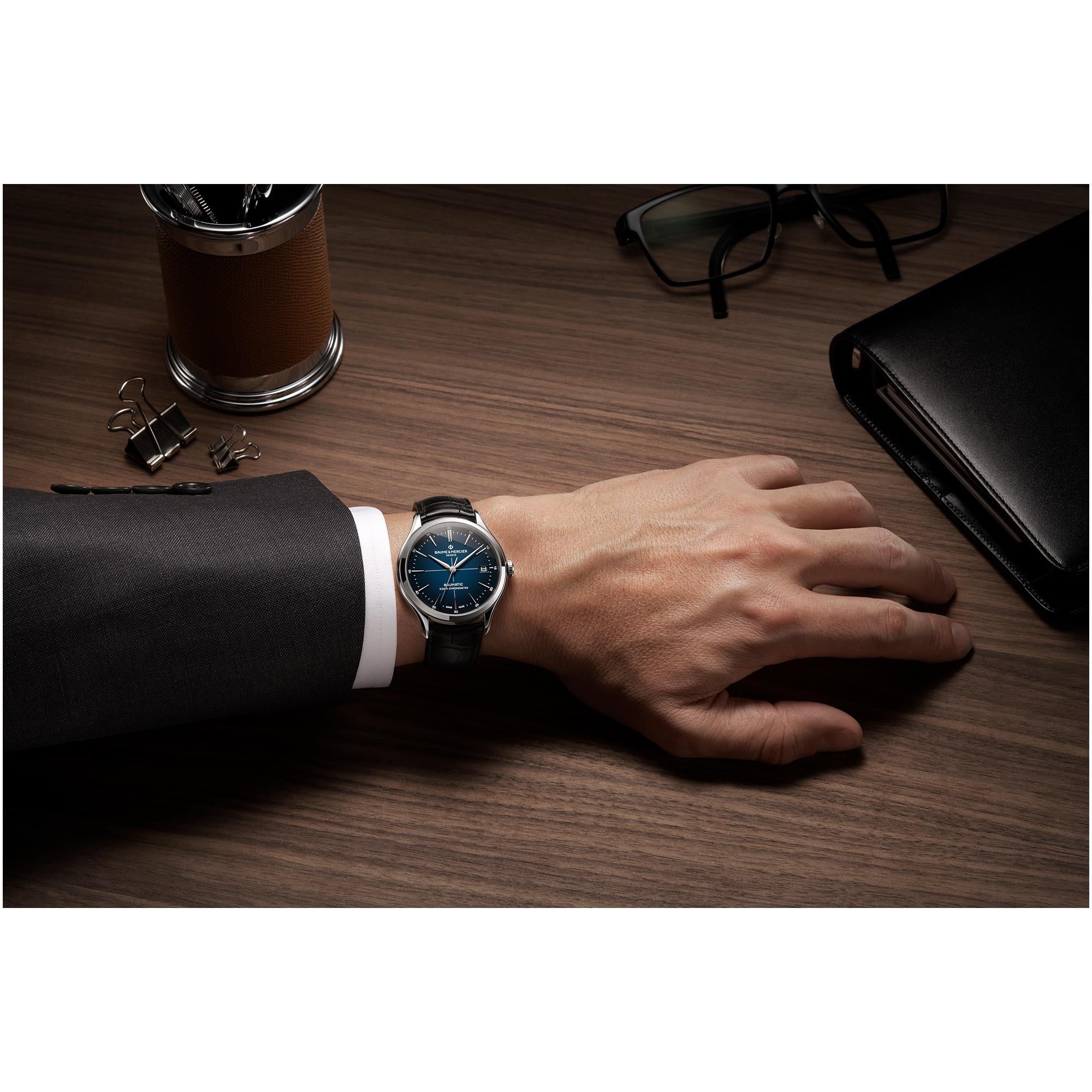 Baume & Mercier Clifton Baumatic Automatic Blue Dial Black Leather Strap Men’s Watch BM0A10467