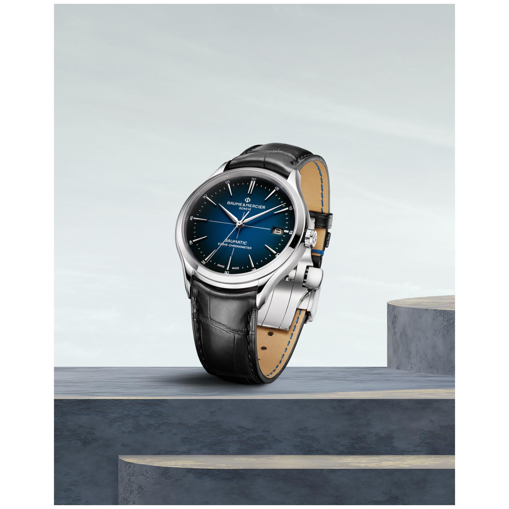 Baume & Mercier Clifton Baumatic Automatic Blue Dial Black Leather Strap Men’s Watch BM0A10467