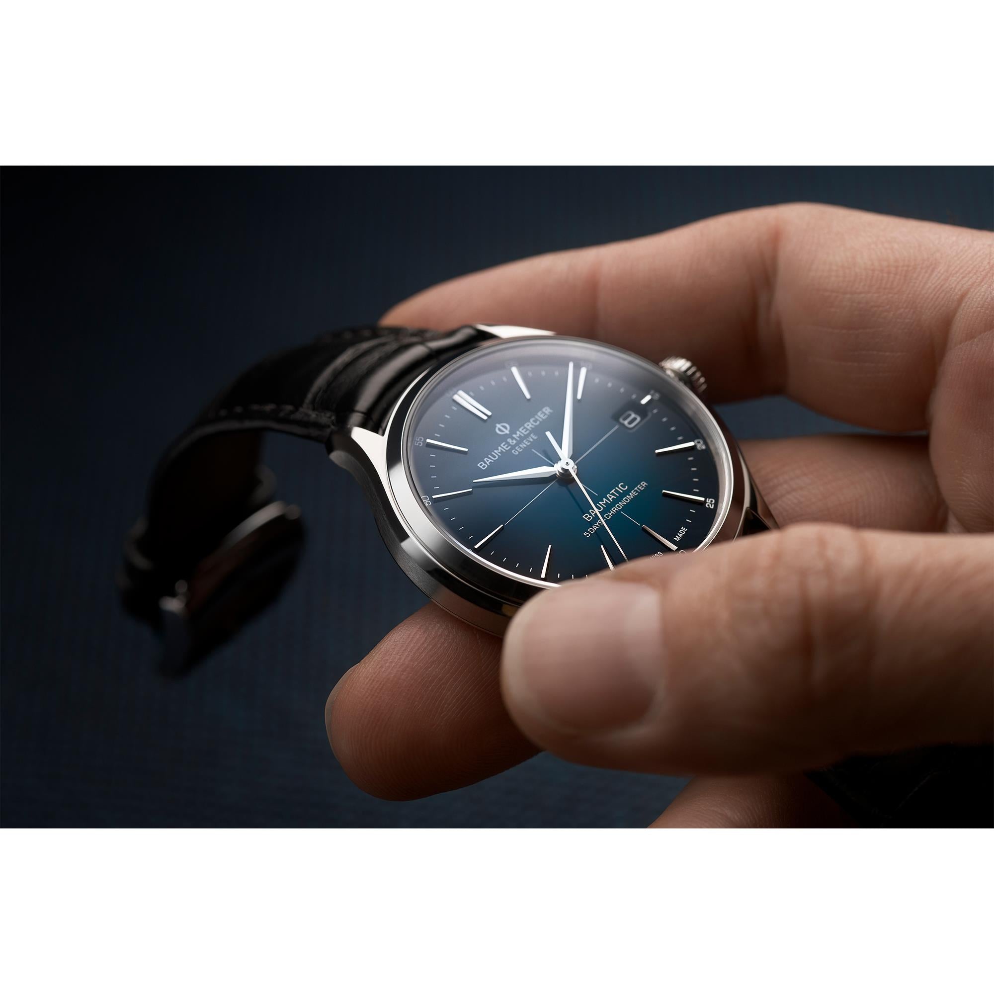 Baume & Mercier Clifton Baumatic Automatic Blue Dial Black Leather Strap Men’s Watch BM0A10467