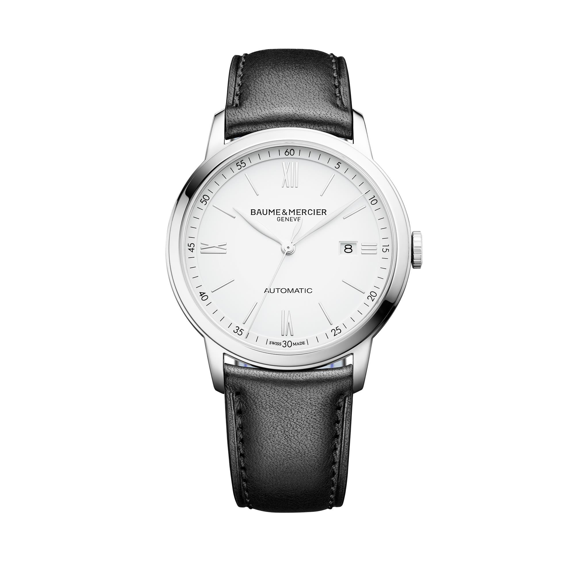 Baume & Mercier Classima Automatic White Dial Black Leather Strap Men's Watch BM0A10332
