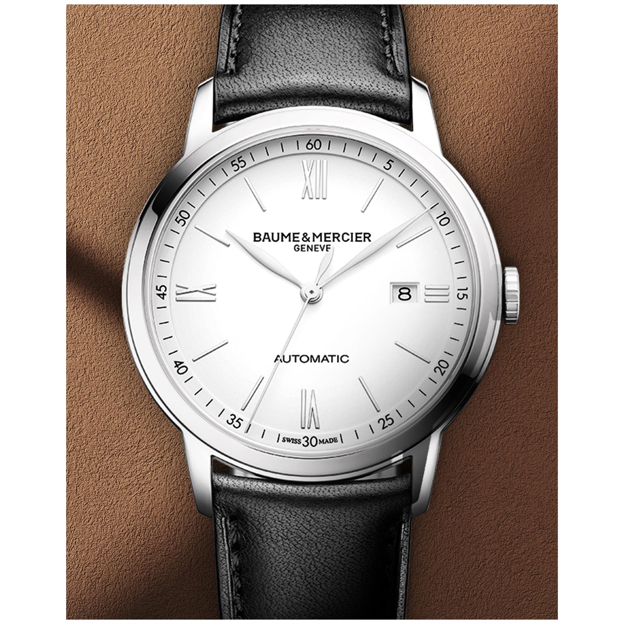 Baume & Mercier Classima Automatic White Dial Black Leather Strap Men's Watch BM0A10332