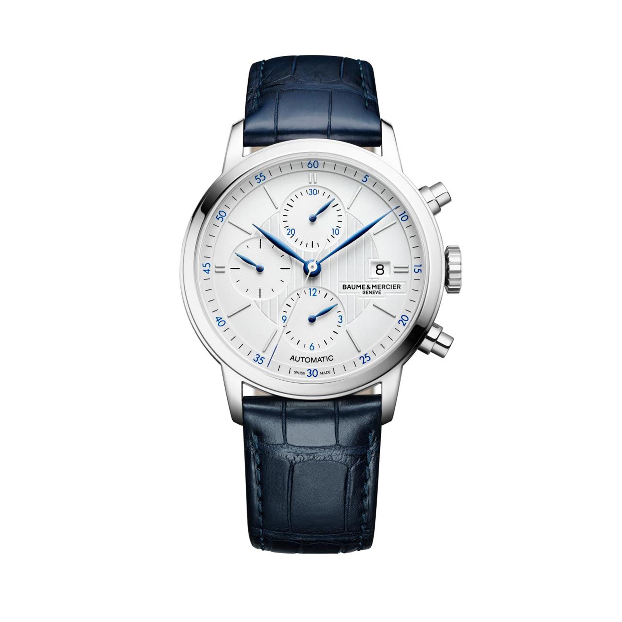 Baume & Mercier Classima Automatic Silver Chronograph Dial Blue Leather Strap Men’s Watch BM0A10330