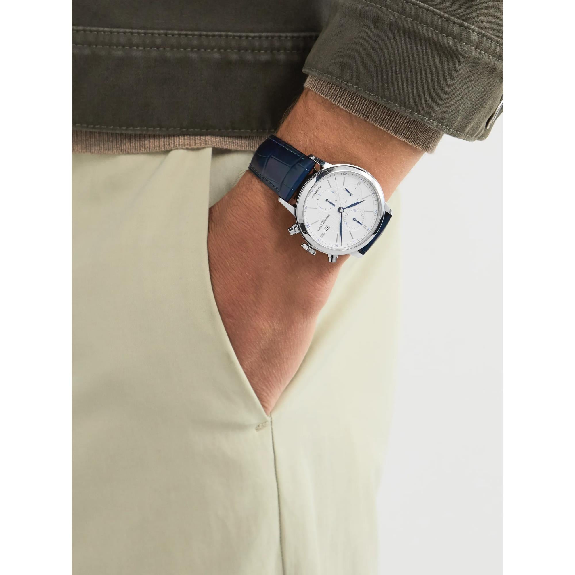 Baume & Mercier Classima Automatic Silver Chronograph Dial Blue Leather Strap Men’s Watch BM0A10330
