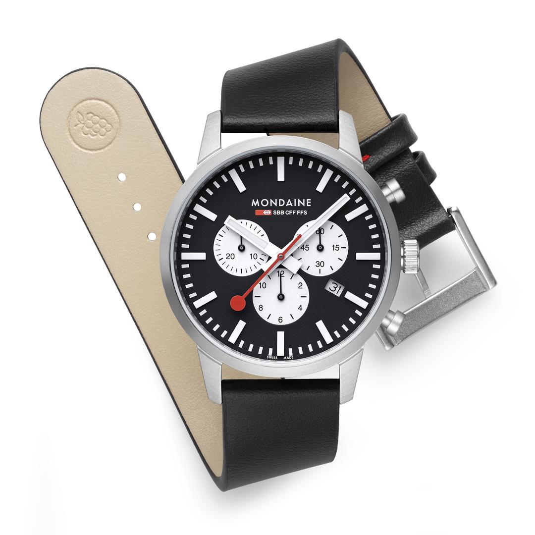 Mondaine Neo SBB Chrono Black Dial Grape Leather Strap Men's Watch MSD.41420.LBV