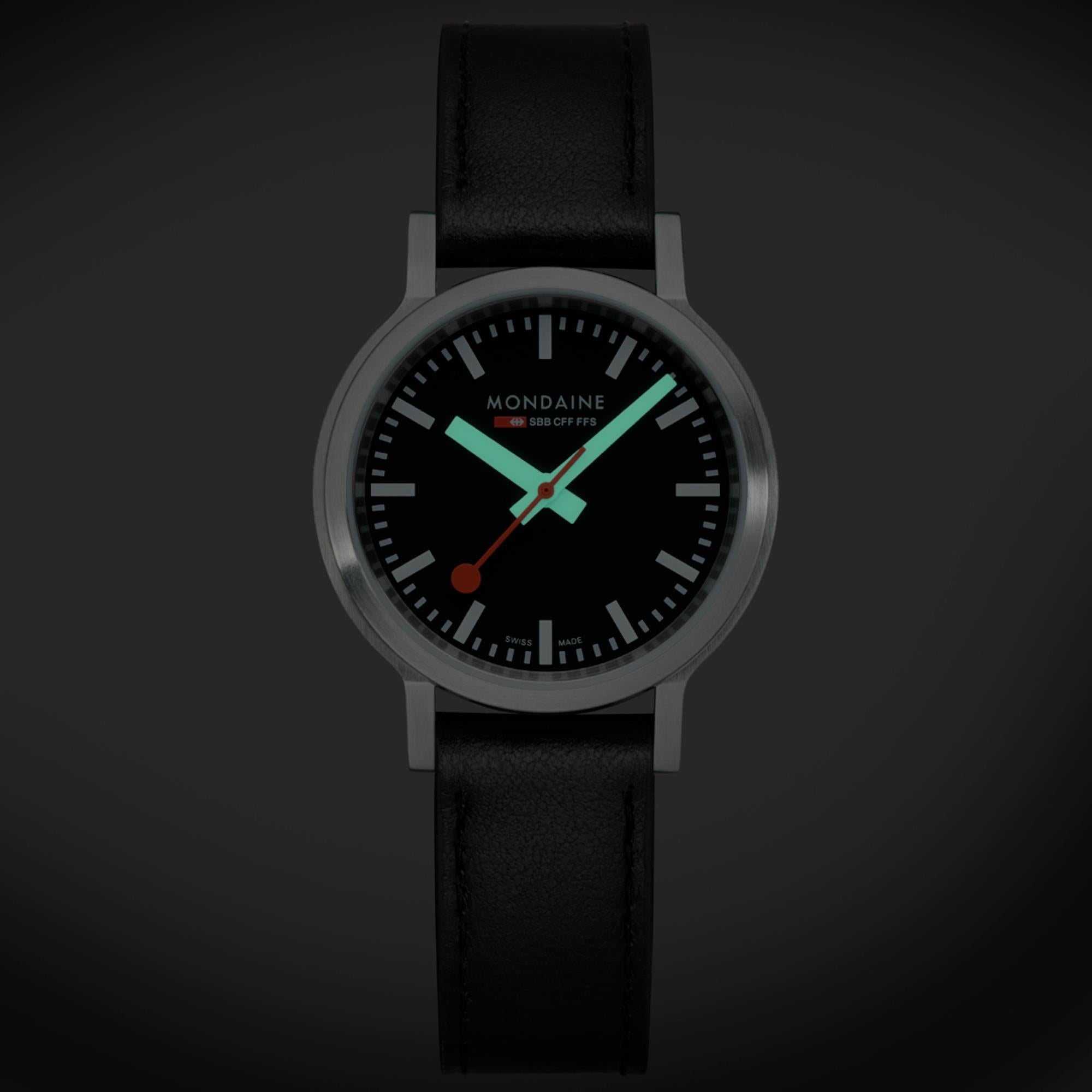 Mondaine stop2go Quartz Black Dial Black Vegan Grape Leather Strap Unisex Watch MST.34020.LBV.SET