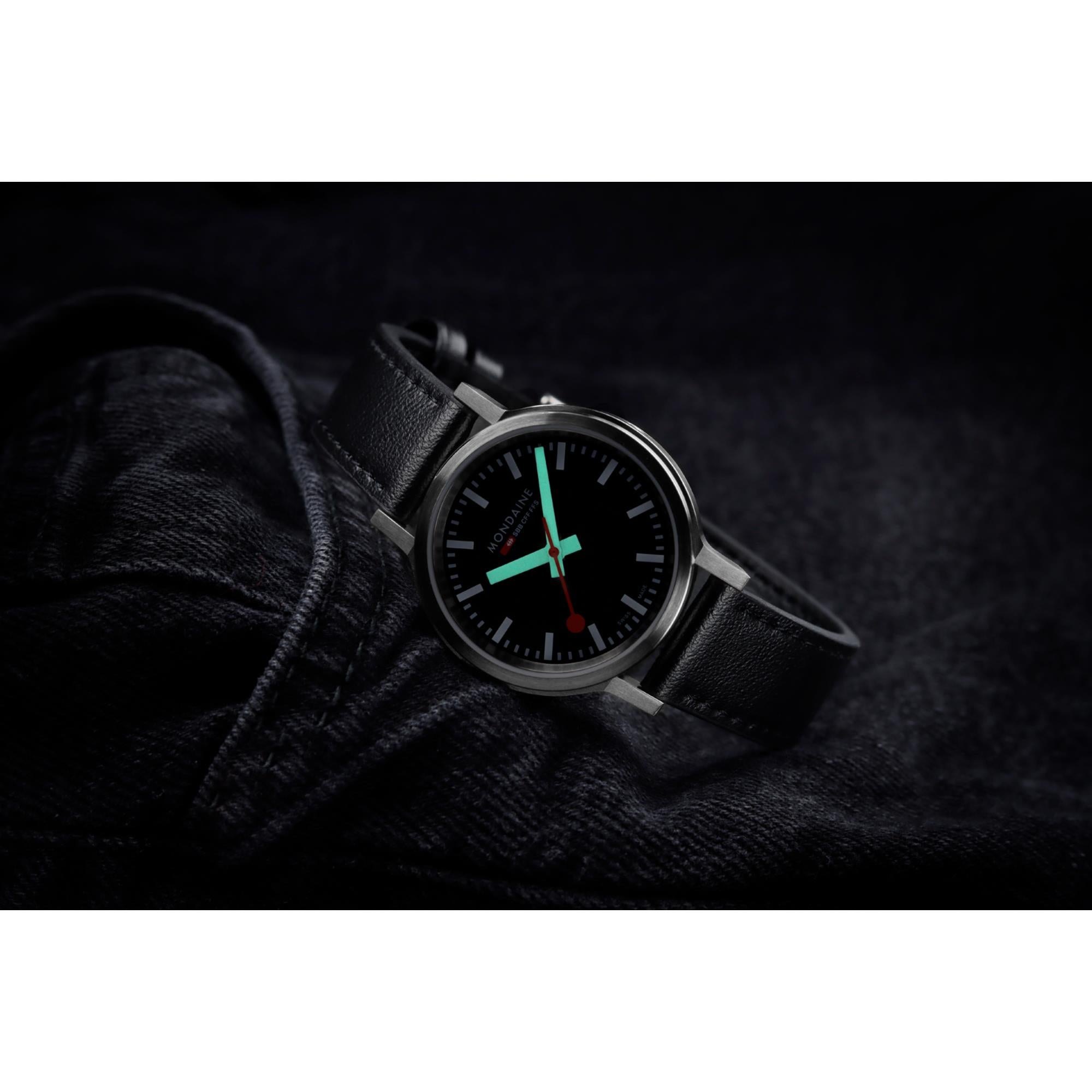 Mondaine stop2go Quartz Black Dial Black Vegan Grape Leather Strap Unisex Watch MST.34020.LBV.SET