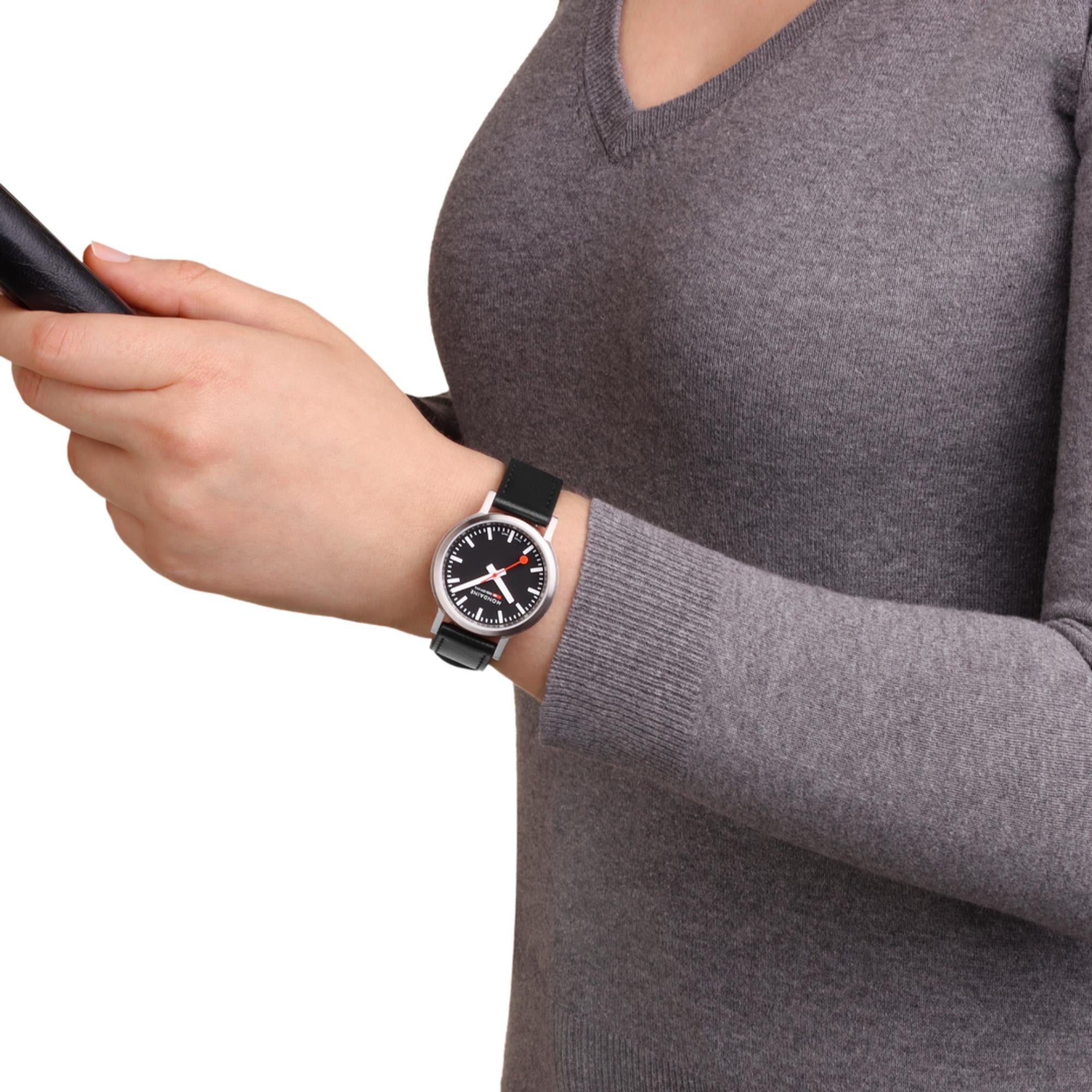 Mondaine stop2go Quartz Black Dial Black Vegan Grape Leather Strap Unisex Watch MST.34020.LBV.SET