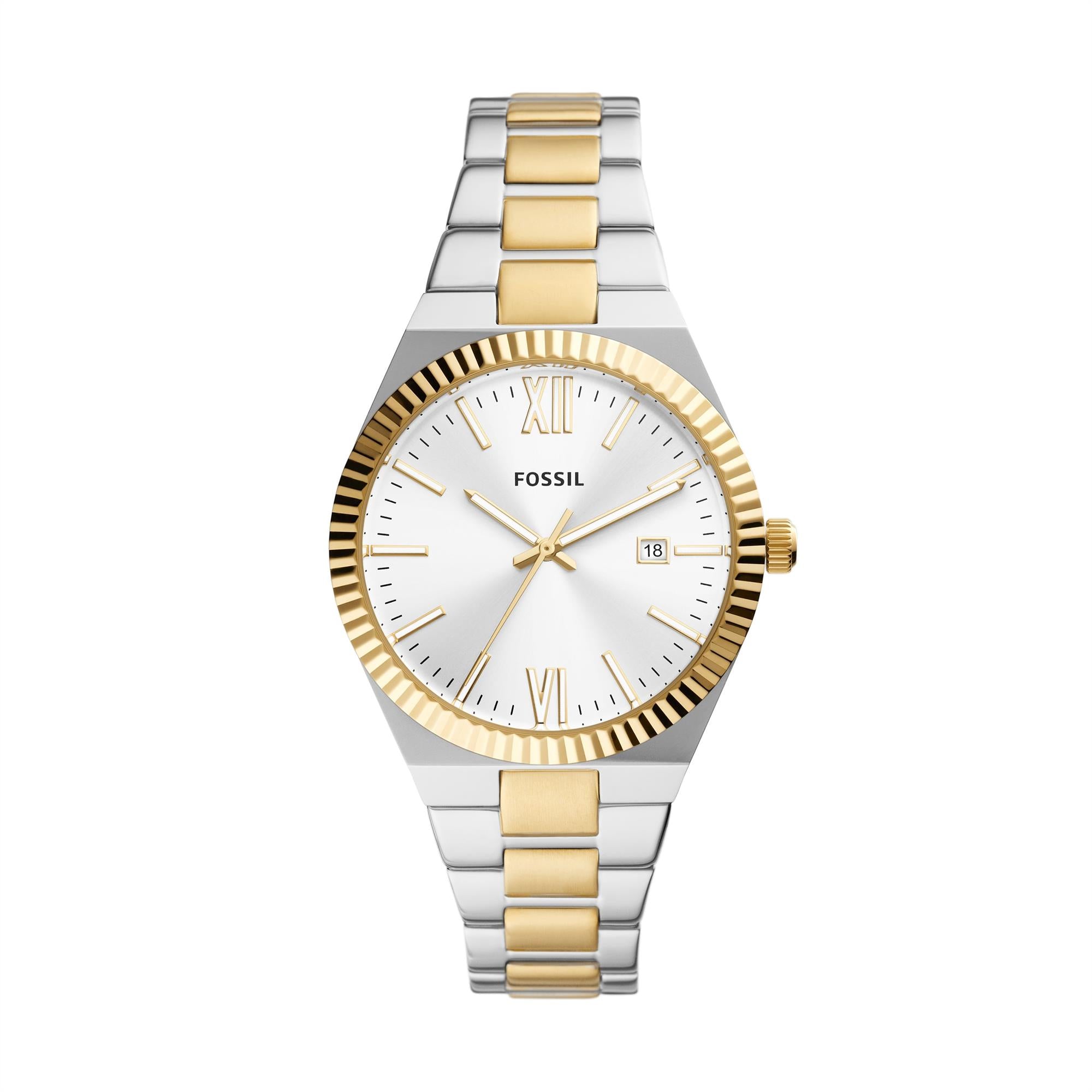 Fossil Scarlette Date Two-Tone Stainless Steel Silver Dial Women's Watch ES5259