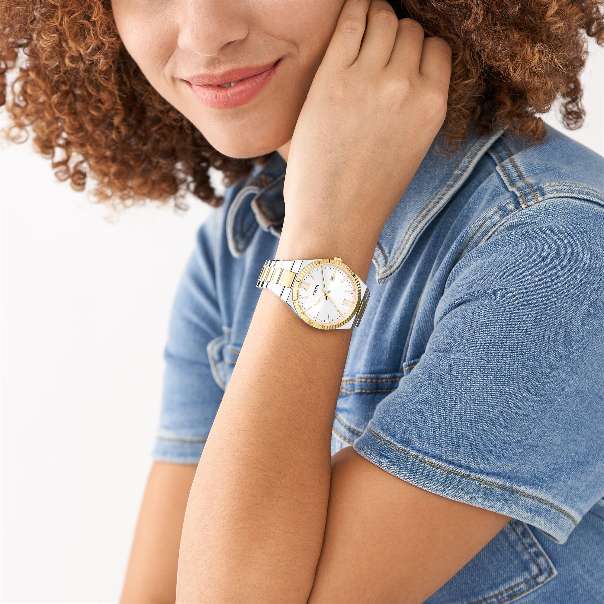 Fossil Scarlette Date Two-Tone Stainless Steel Silver Dial Women's Watch ES5259