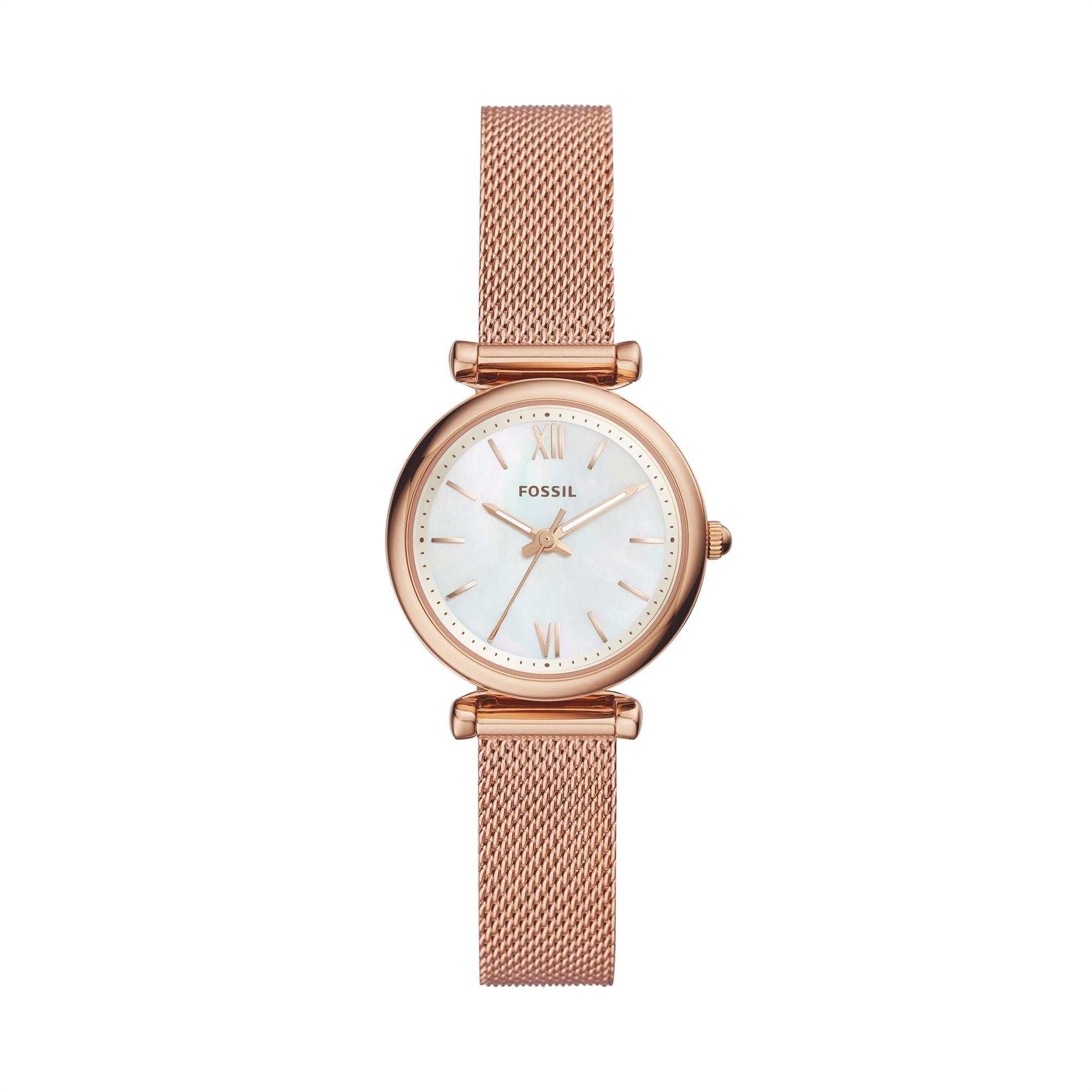 Fossil Carlie Mini Rose Gold-Tone Stainless Steel Mesh Bracelet White Mother of Pearl Dial Women's Watch ES4433